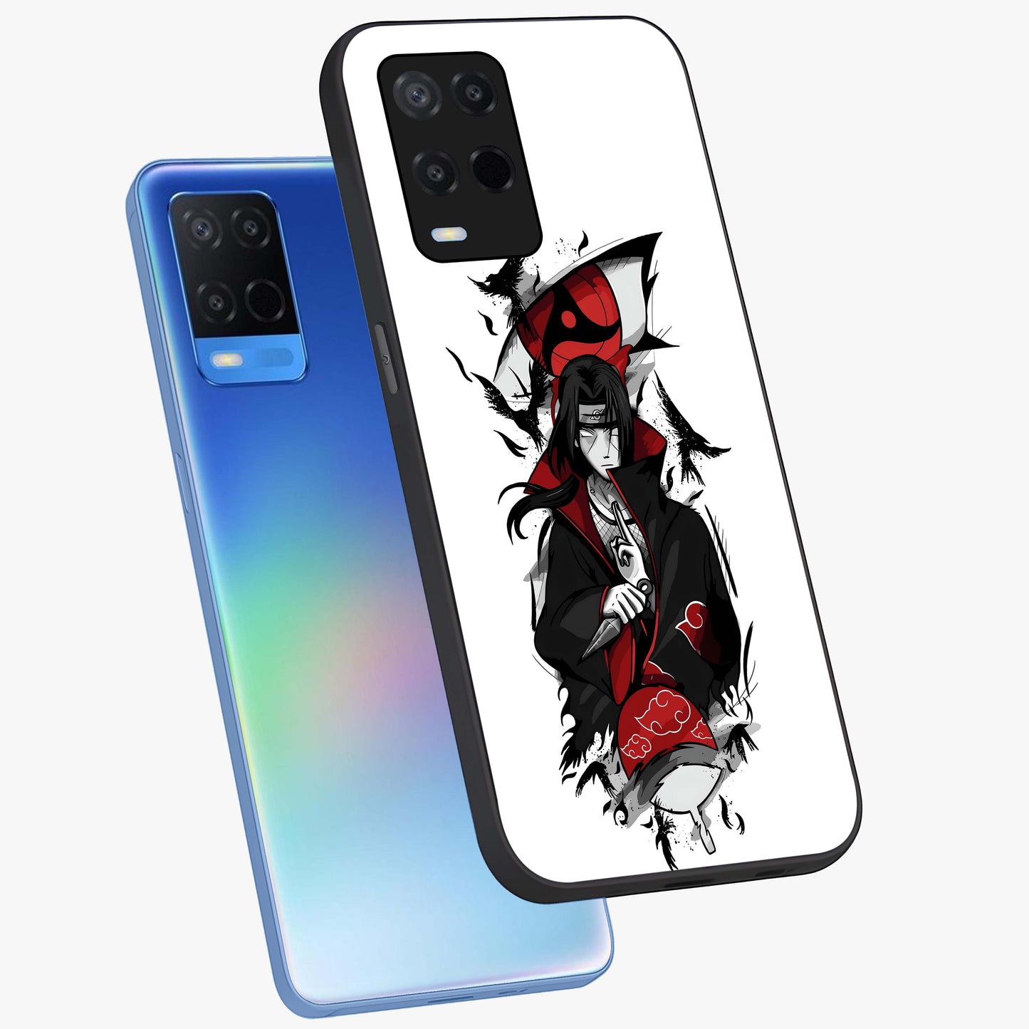 Itachi Limited Edition Naruto Anime Glass Case displayed in angled mockup highlighting dramatic anime illustration with bold action aesthetic.