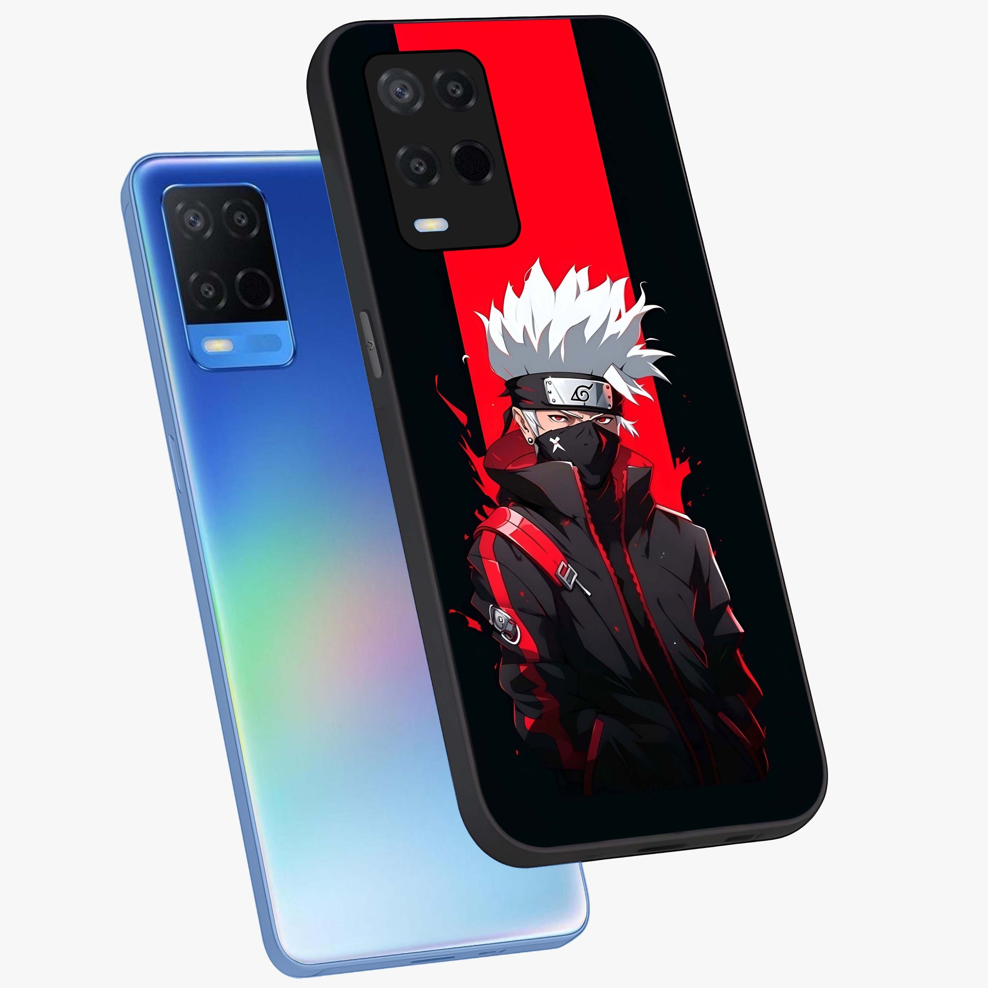 Kakashi Scarlet Shadow Glass Case displayed in angled mockup highlighting dramatic ninja illustration with scarlet themed aesthetic.