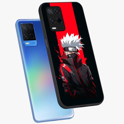 Kakashi Scarlet Shadow Glass Case displayed in angled mockup highlighting dramatic ninja illustration with scarlet themed aesthetic.