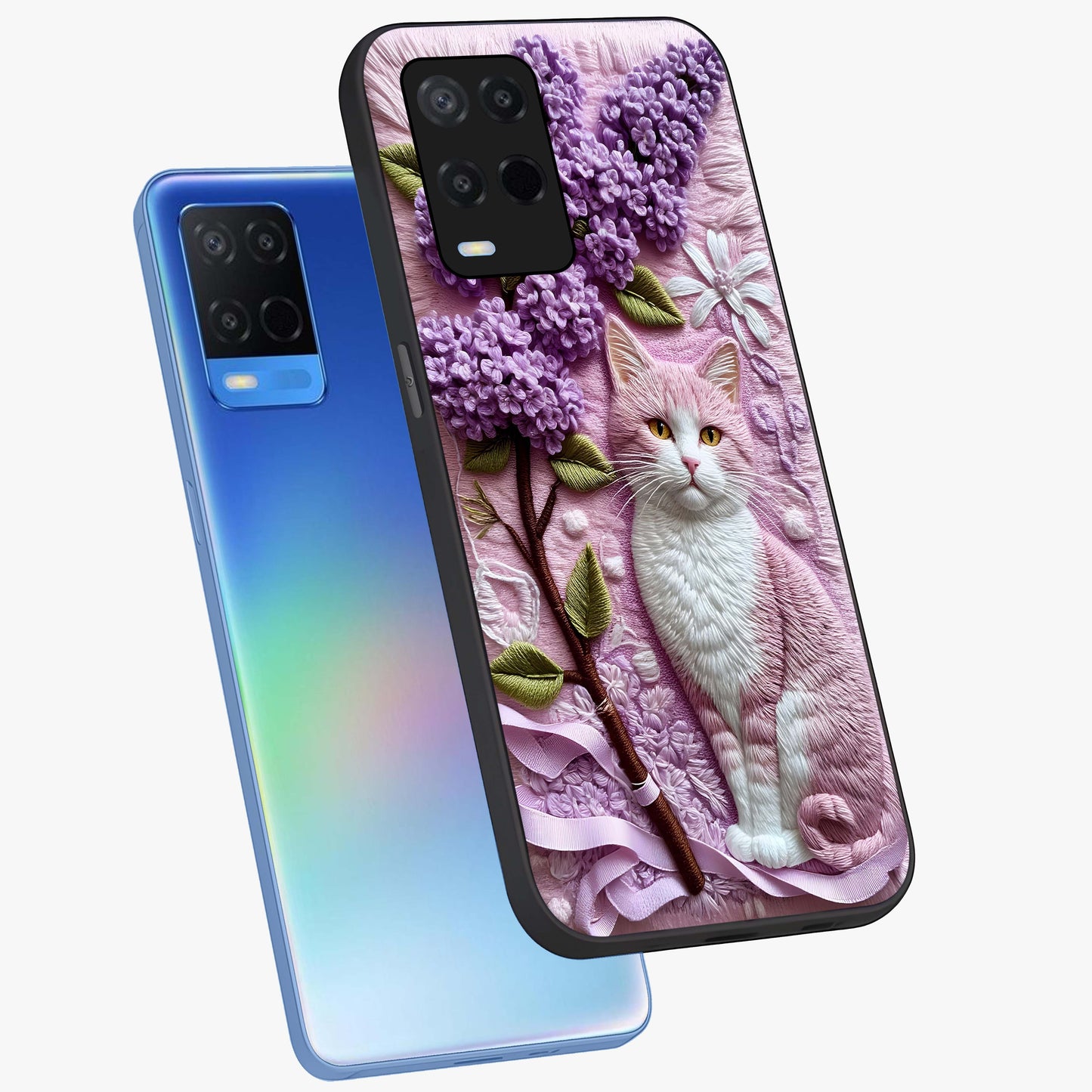 Lavender Cat Whimsy Glass Case displayed in angled mockup highlighting playful feline illustration with pastel lavender aesthetic.