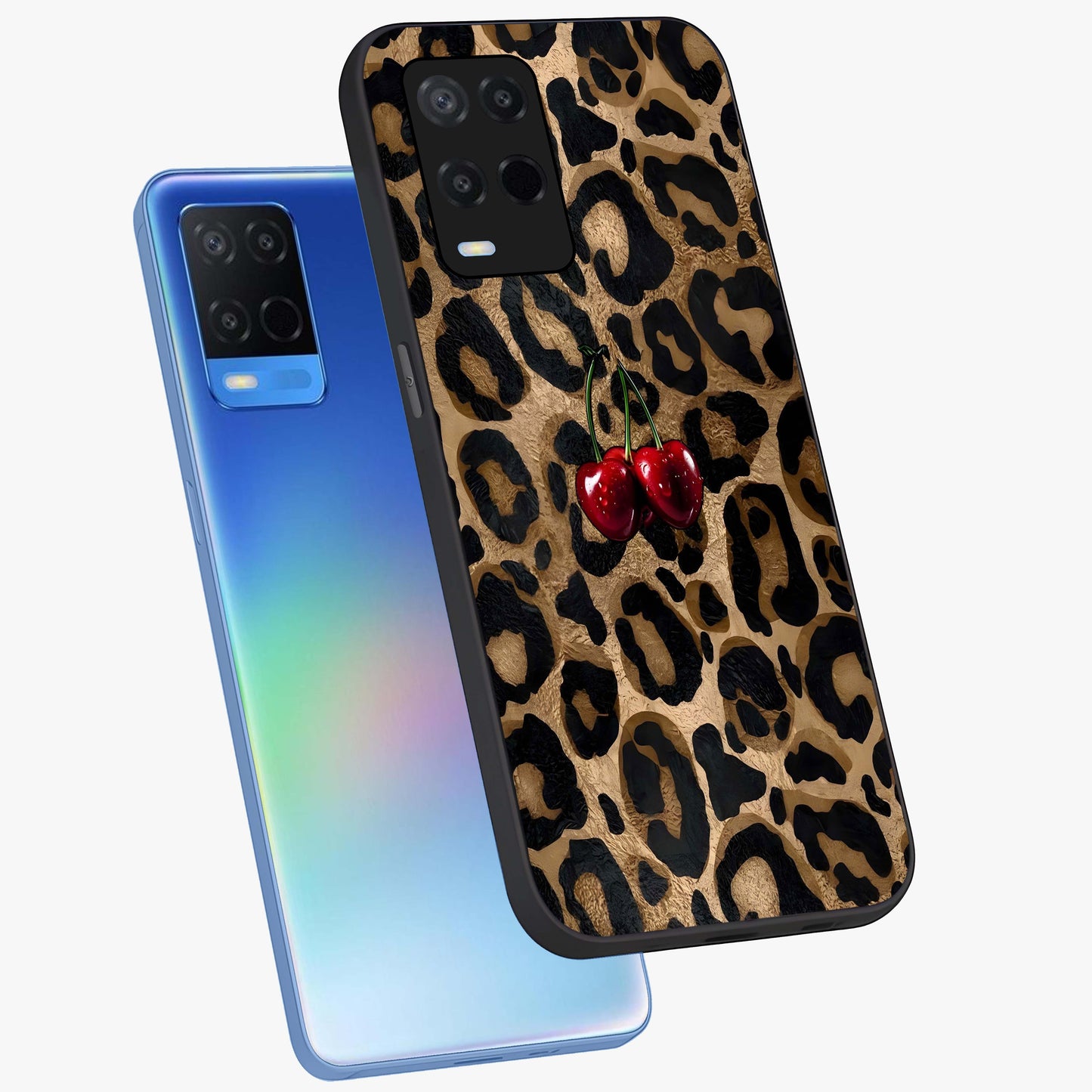 Leopard Wild Cherry Glass Case displayed in angled mockup highlighting bold animal print design with playful cherry aesthetic.