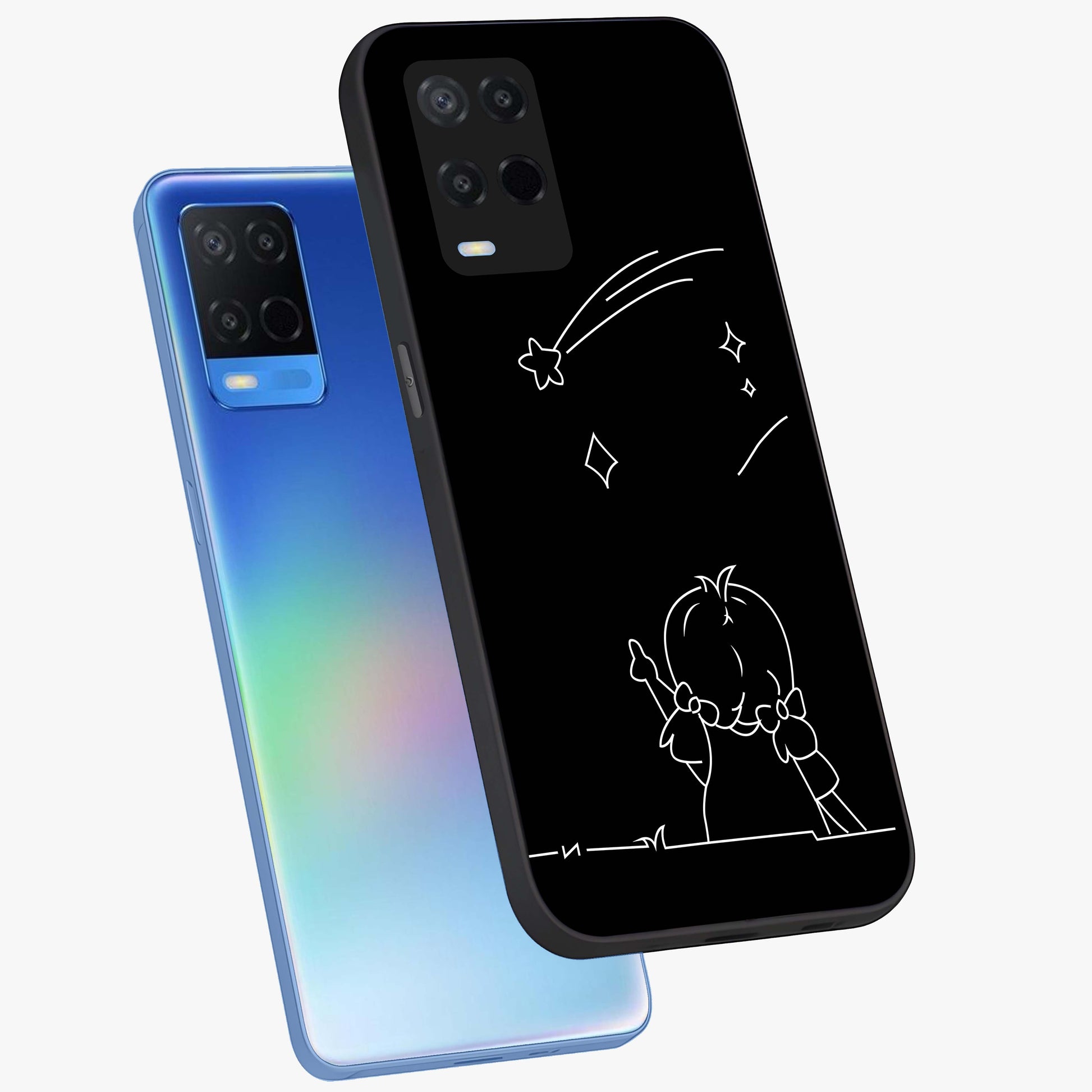 Line Art Girl With Shooting Stars Glass Case displayed in angled mockup highlighting elegant line art design with dreamy star aesthetic.