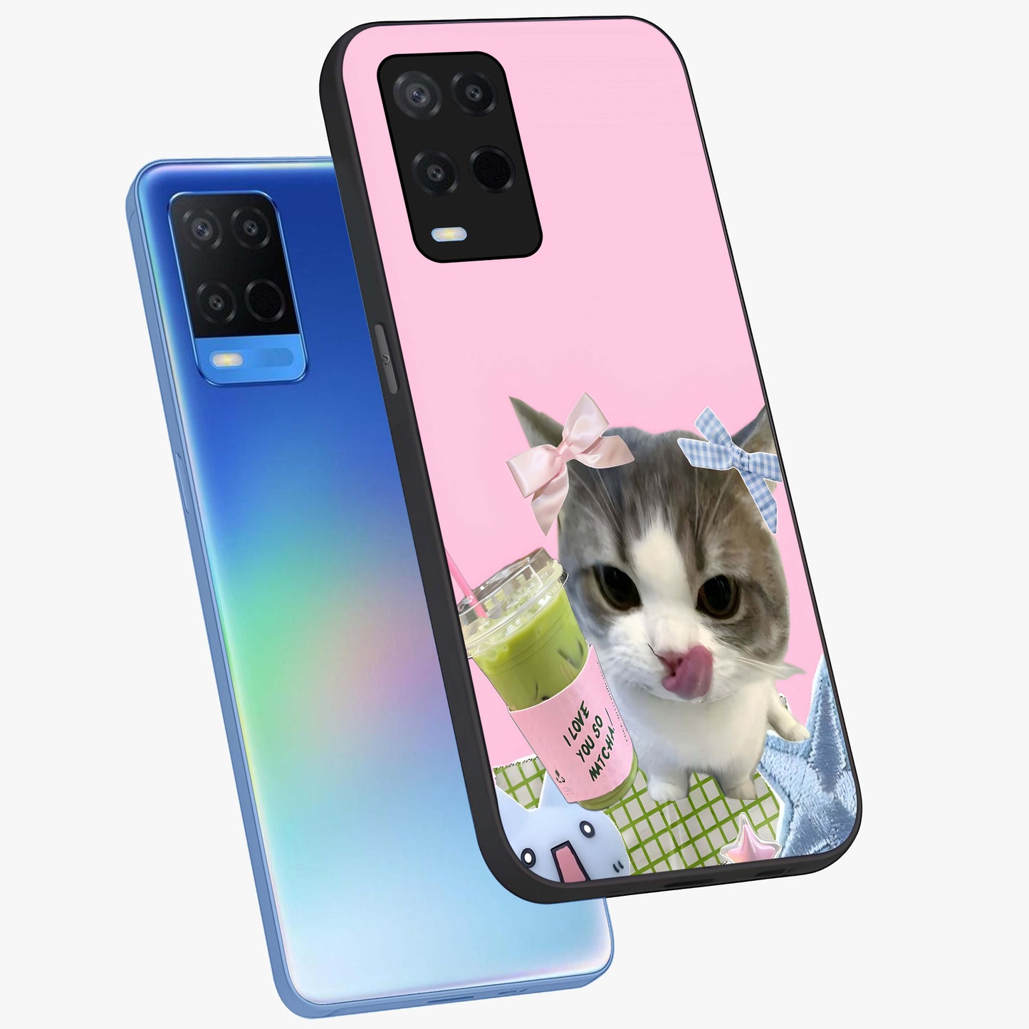 Love Matcha Cat Glass Case displayed in angled mockup highlighting playful feline illustration with cozy matcha aesthetic.