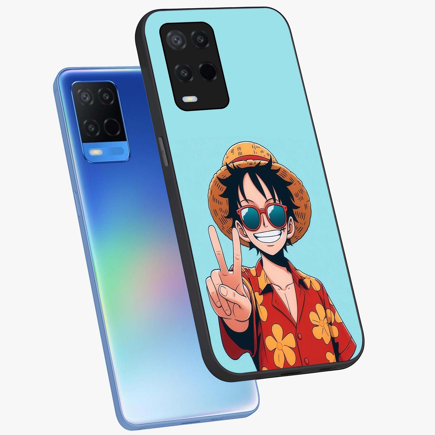 Luffy Summer Anime Vibe Glass Case displayed in angled mockup highlighting energetic anime illustration with summer vibe aesthetic.