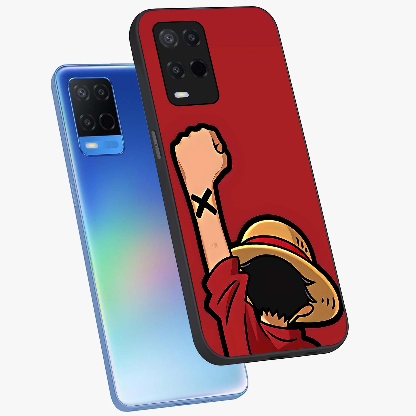 Luffy X Spirit Glass Case displayed in angled mockup highlighting powerful anime design with energetic action aesthetic.