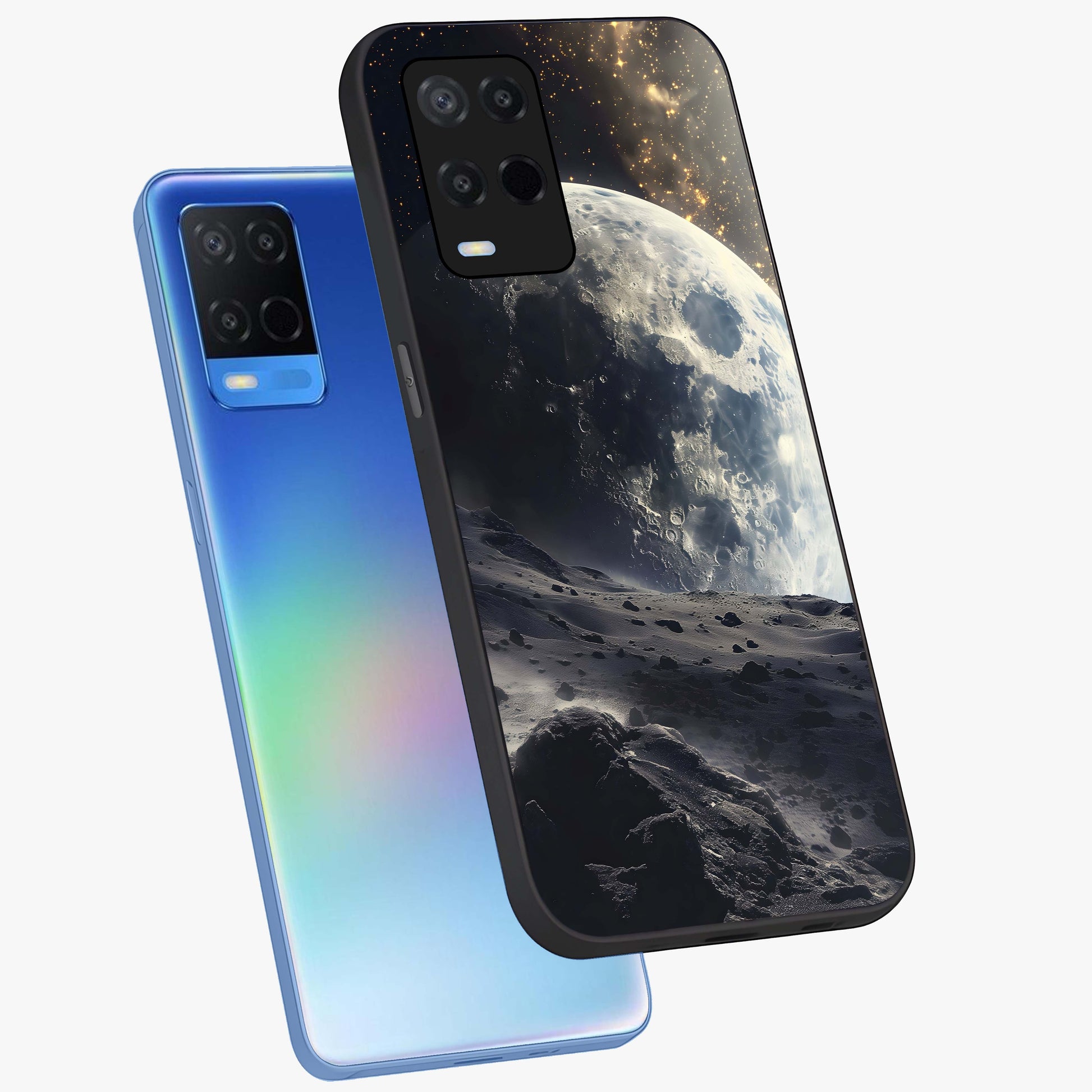 Lunar Horizon Glow Glass Case displayed in angled mockup highlighting celestial moon design with dreamy night aesthetic.