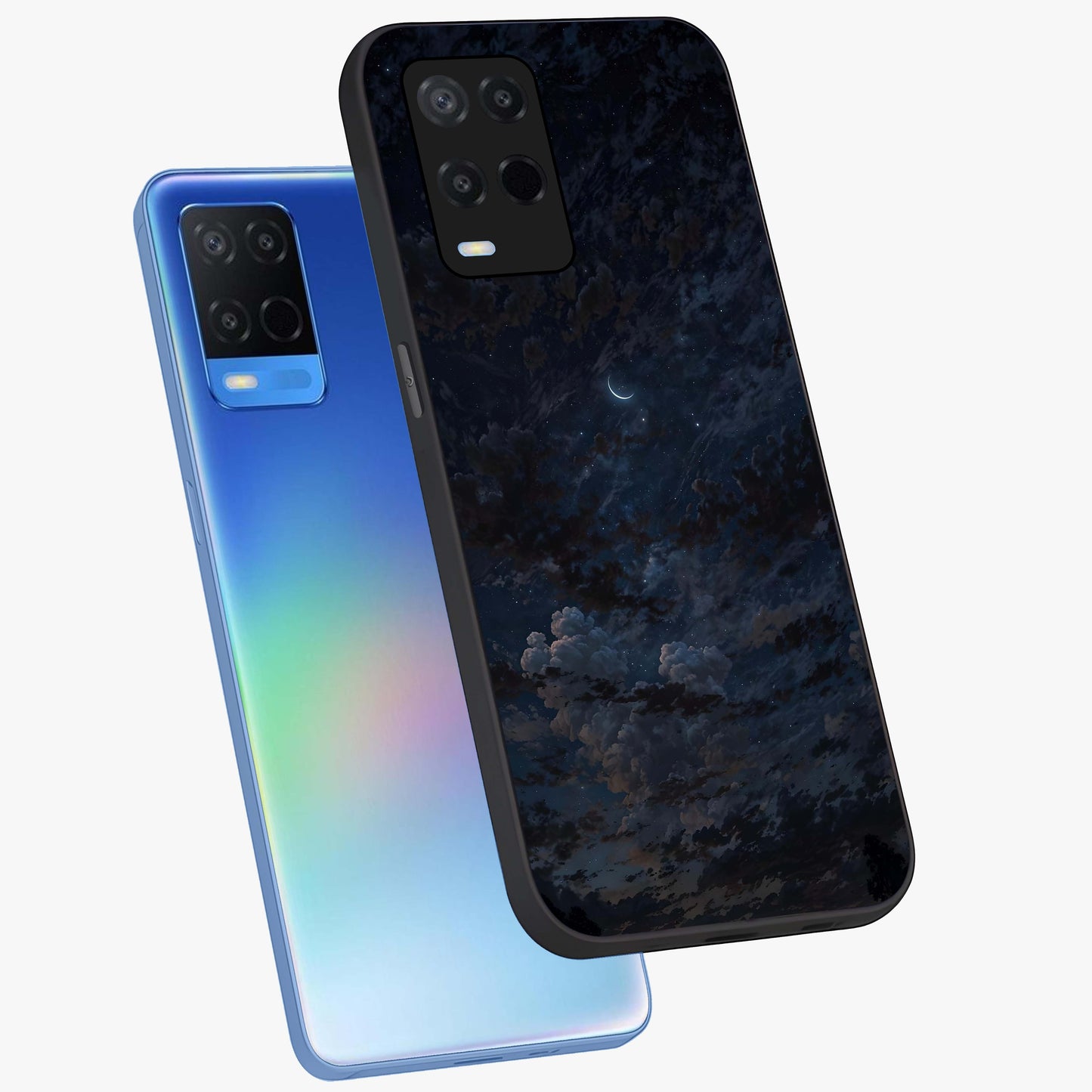 Lunar Veil Silence Glass Case displayed in angled mockup highlighting soft lunar design with peaceful celestial aesthetic.