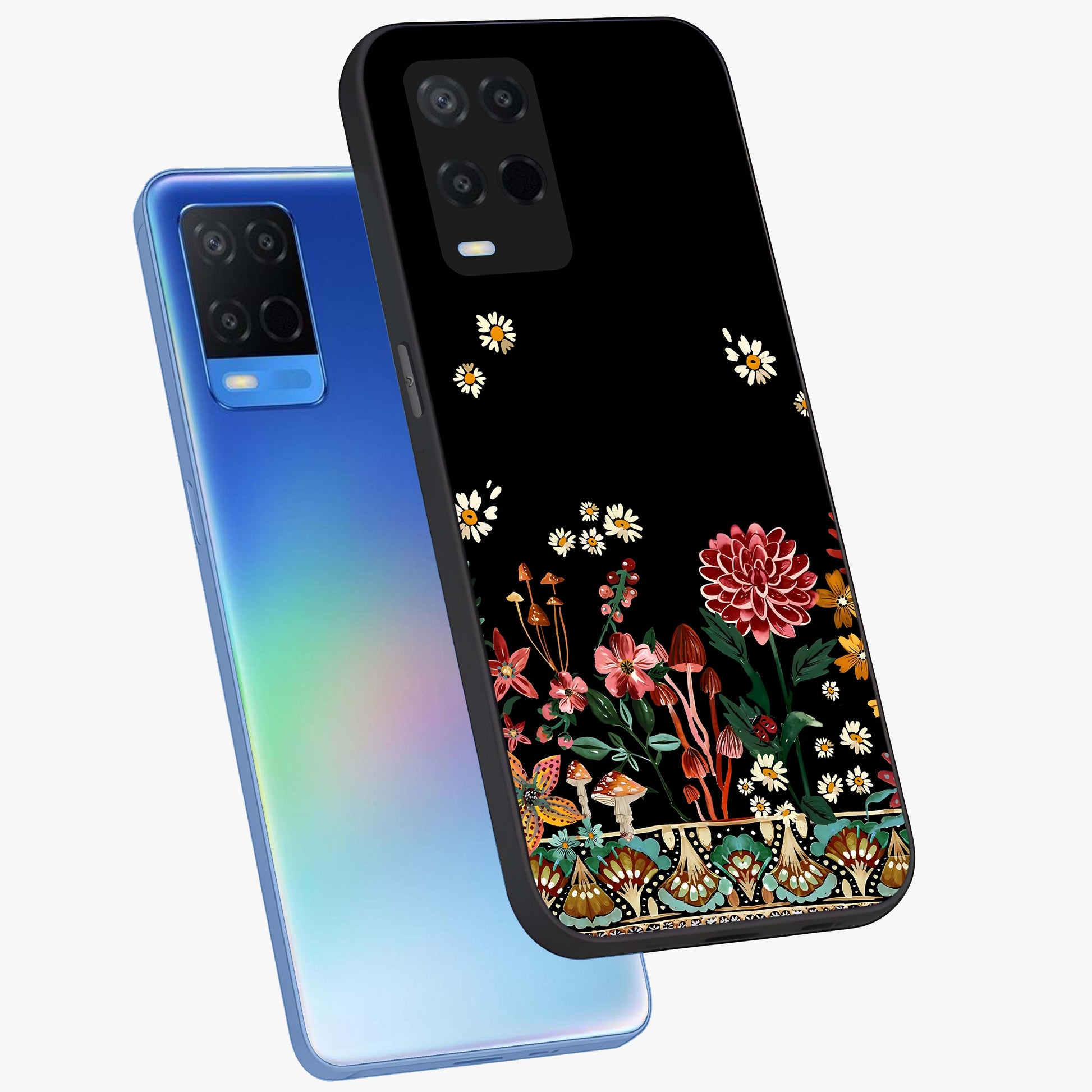 Midnight Bloom Pattern Glass Case displayed in angled mockup highlighting elegant flower design with midnight aesthetic style.