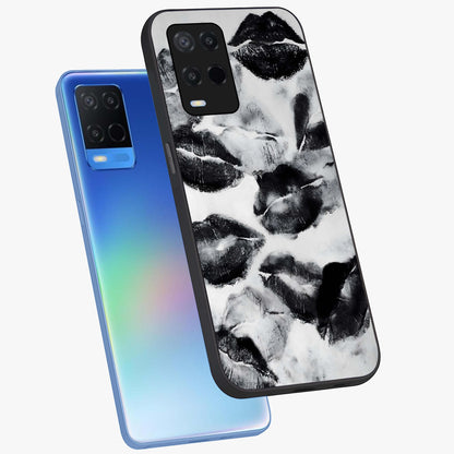 Midnight Kiss Marks Glass Case displayed in angled mockup highlighting playful romantic design with bold midnight aesthetic.