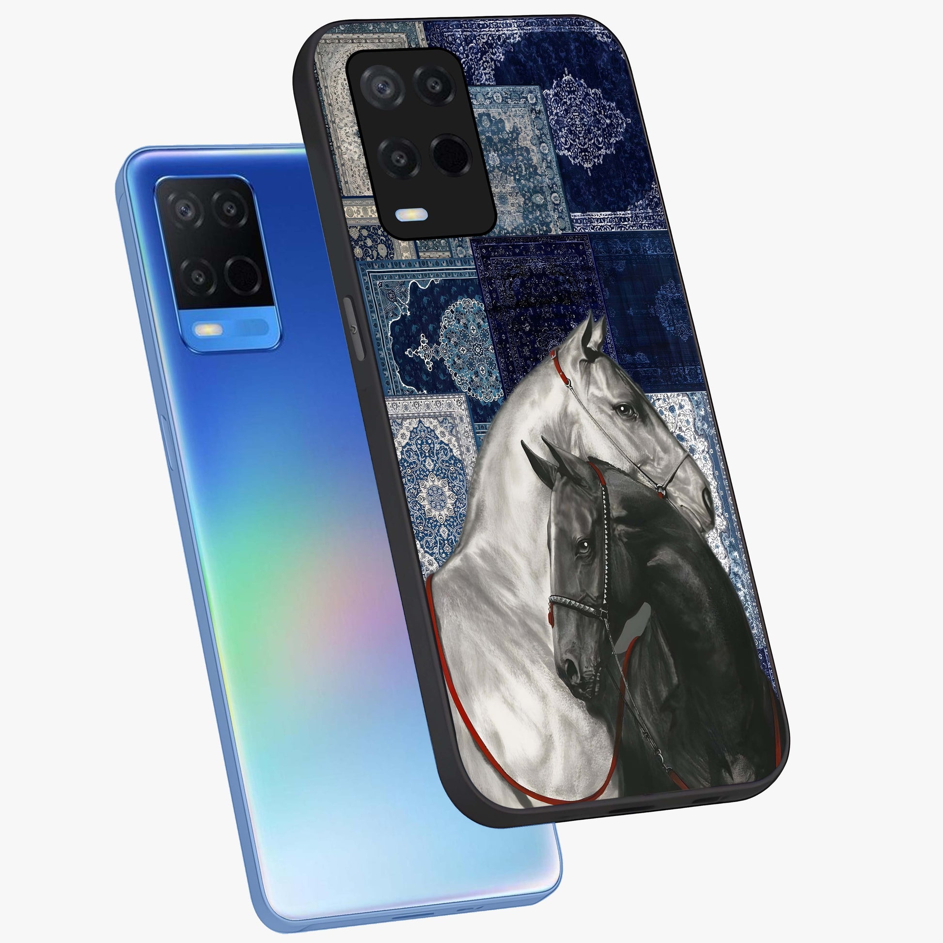 Midnight Stallion Blues Glass Case displayed in angled mockup highlighting powerful stallion illustration with deep midnight tones.