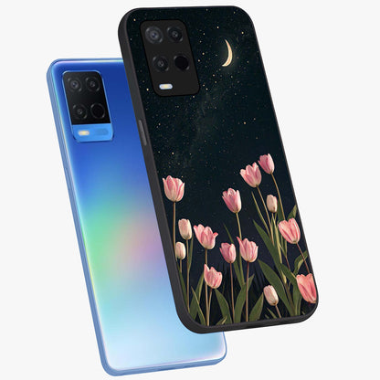 Midnight Tulip Whispers Vibe Glass Case displayed in angled mockup highlighting delicate tulip design with midnight floral aesthetic.