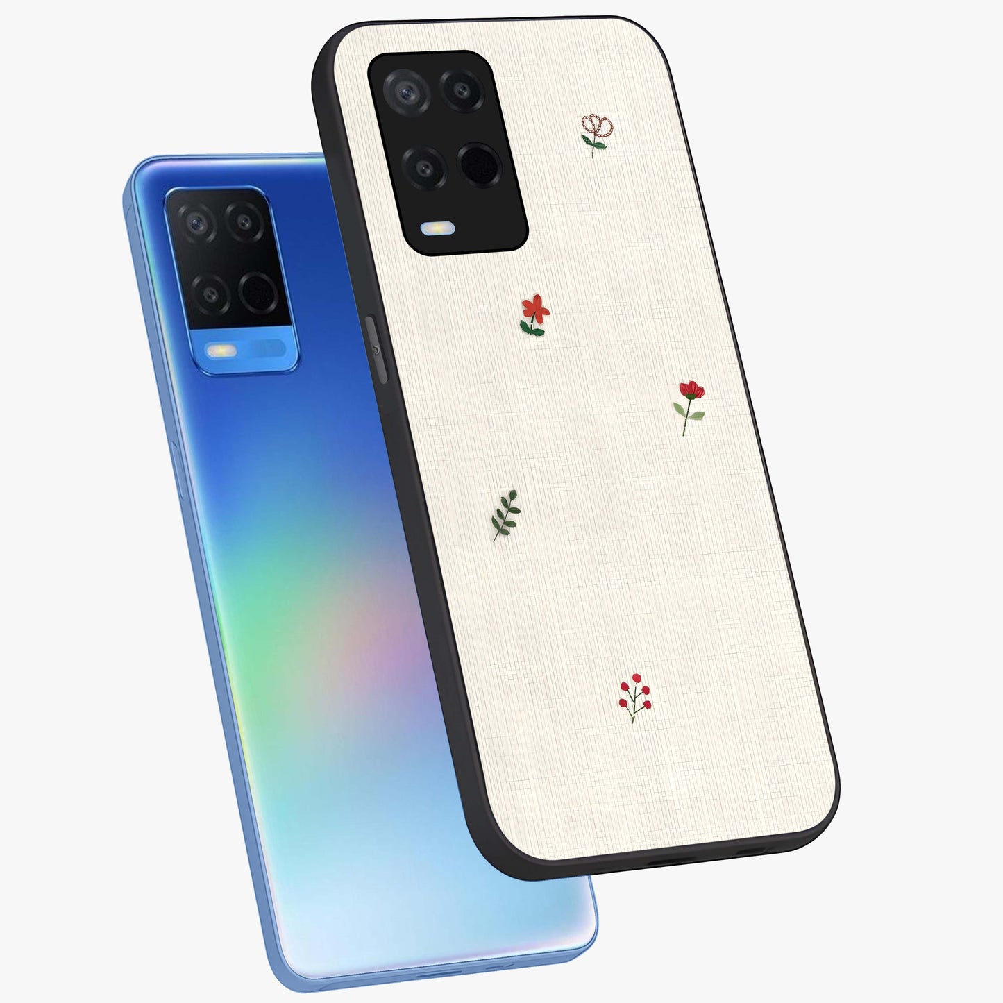 Minimalistic Blue With White Flower Pattern Glass Case displayed in angled mockup highlighting simple floral design with minimal aesthetic.
