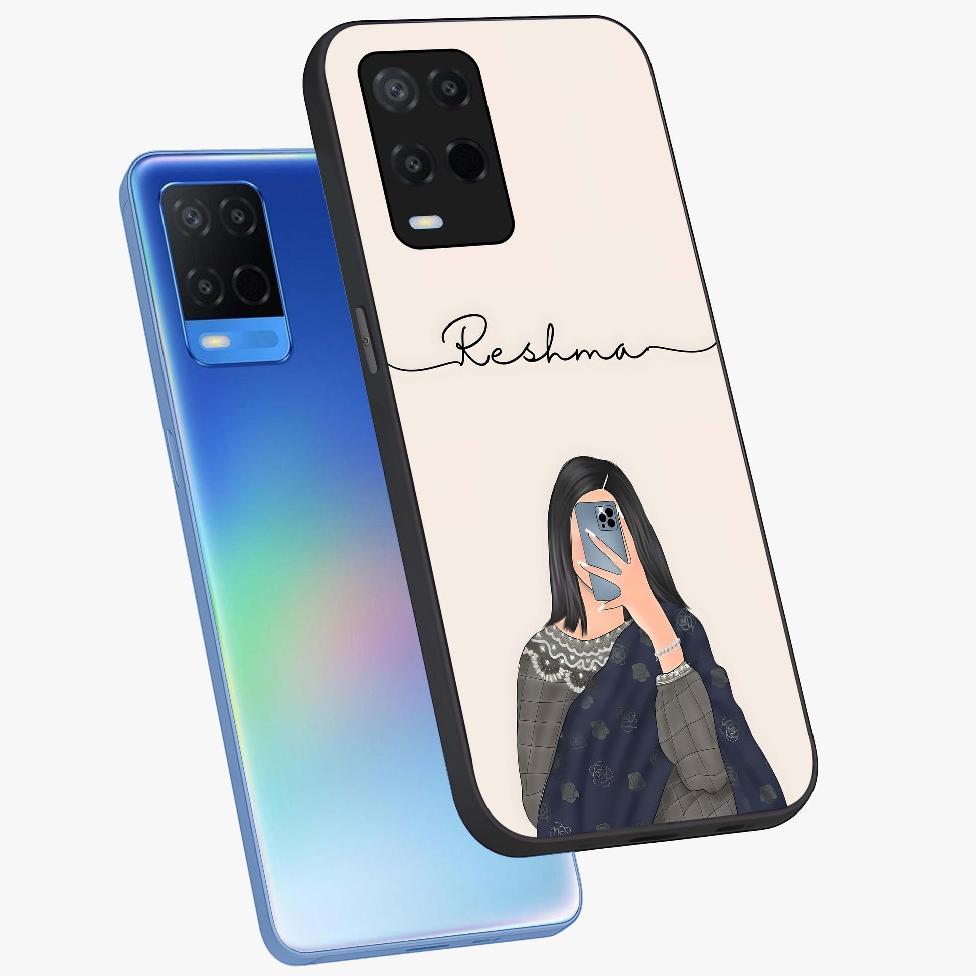 Mirror Mood Muse With Custom Name Glass Case displayed in angled mockup highlighting aesthetic mirror inspired design with custom name feature.