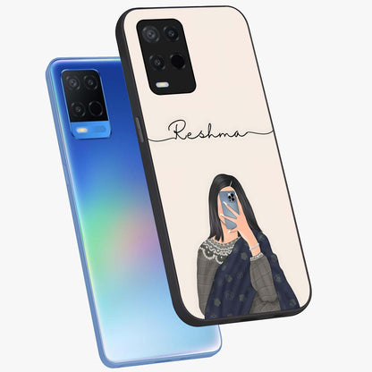 Mirror Mood Muse With Custom Name Glass Case displayed in angled mockup highlighting aesthetic mirror inspired design with custom name feature.
