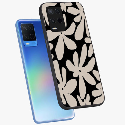 Monochrome Petal Dance Glass Case displayed in angled mockup highlighting elegant petal design with black and white aesthetic.