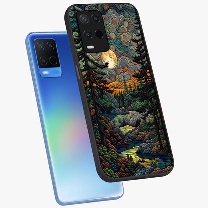 Moonlight Forest Dream Glass Case displayed in angled mockup highlighting dreamy forest design with glowing moon aesthetic.
