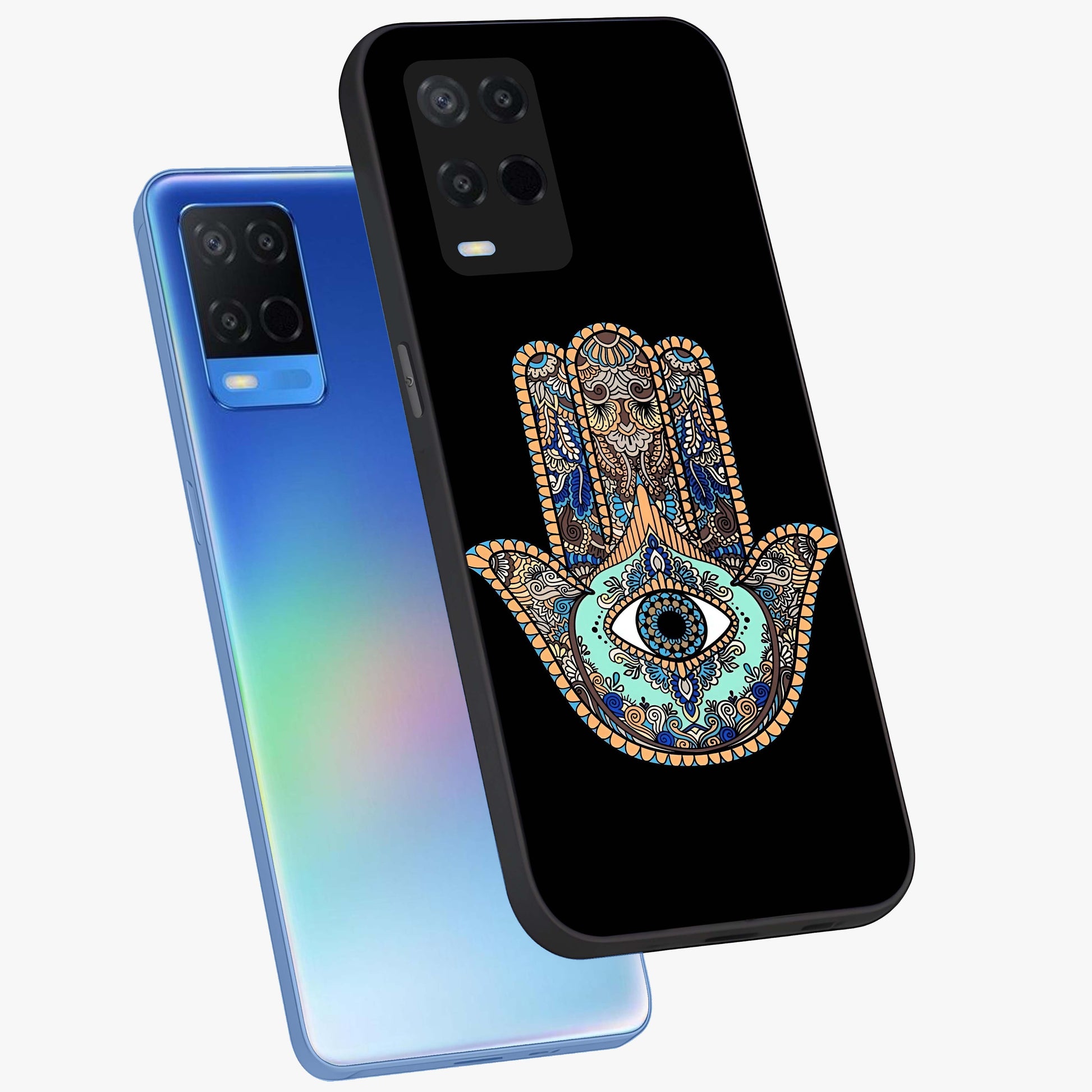 Mystic Hamsa Eye Glass Case displayed in angled mockup highlighting spiritual hamsa symbol with mystical aesthetic style.