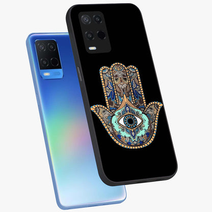 Mystic Hamsa Eye Glass Case displayed in angled mockup highlighting spiritual hamsa symbol with mystical aesthetic style.