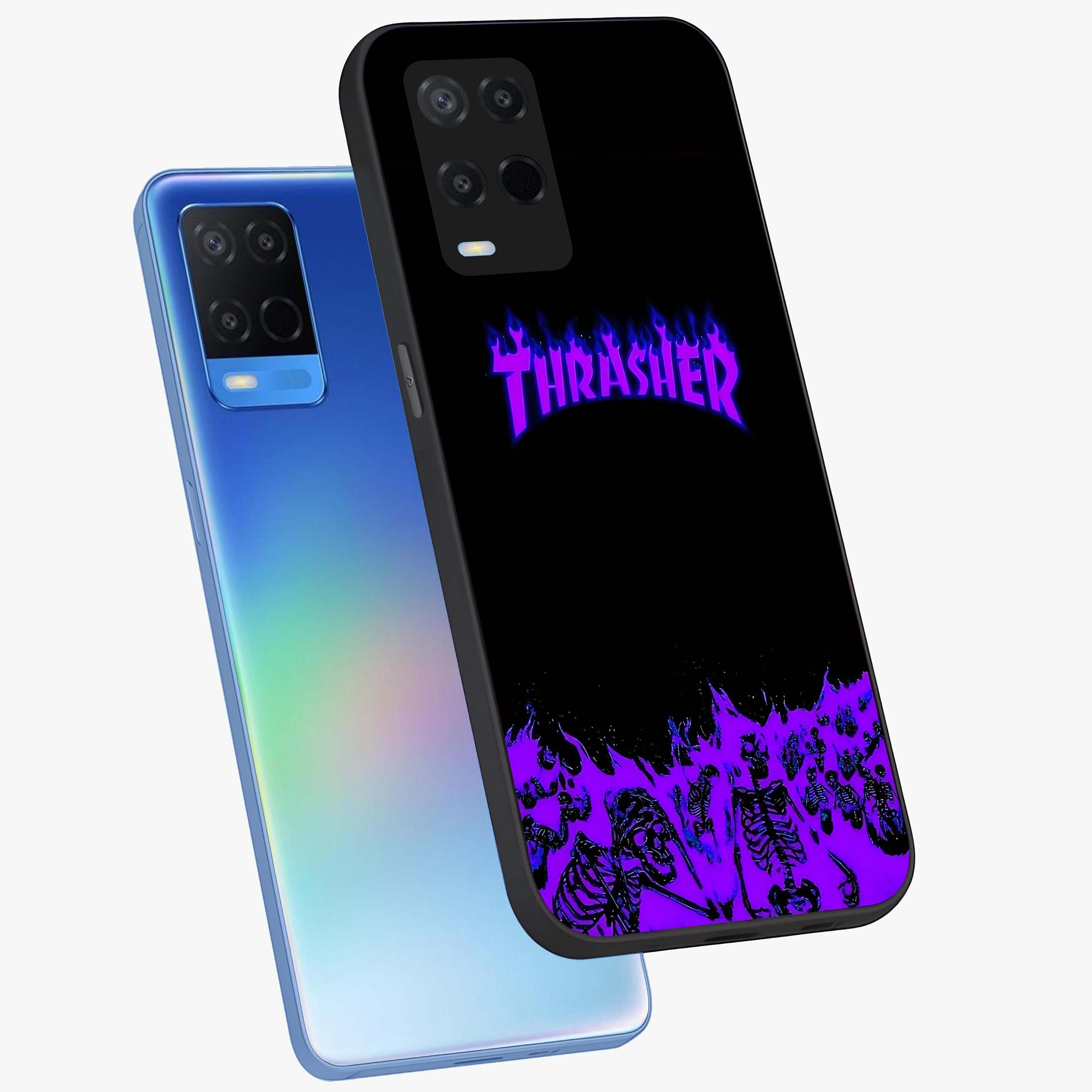 Neon Flame Riot Glass Case displayed in angled mockup highlighting glowing flame design with vibrant neon aesthetic.