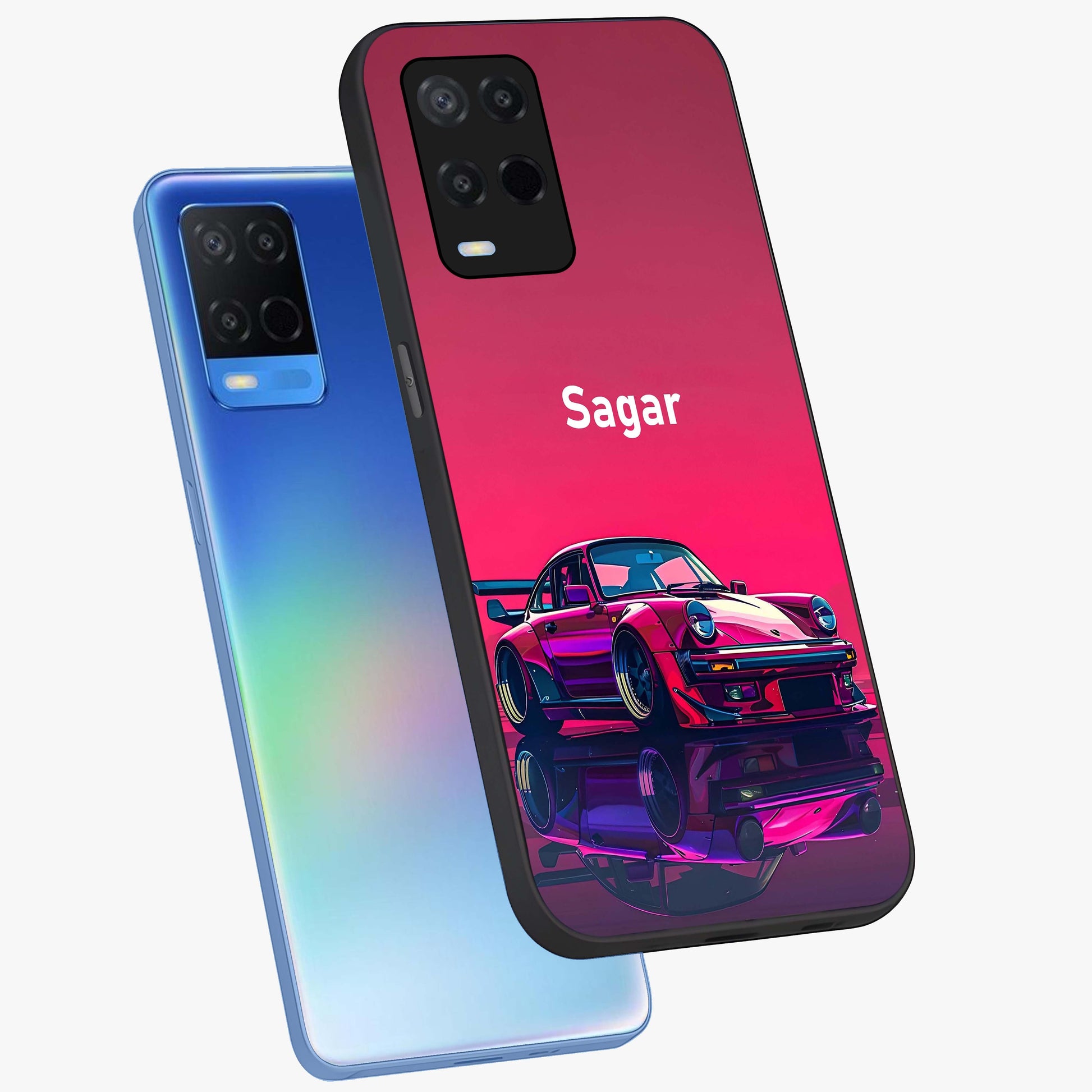 Neon Pink Porsche Glass Case displayed in angled mockup highlighting sleek neon pink car design with racing aesthetic.
