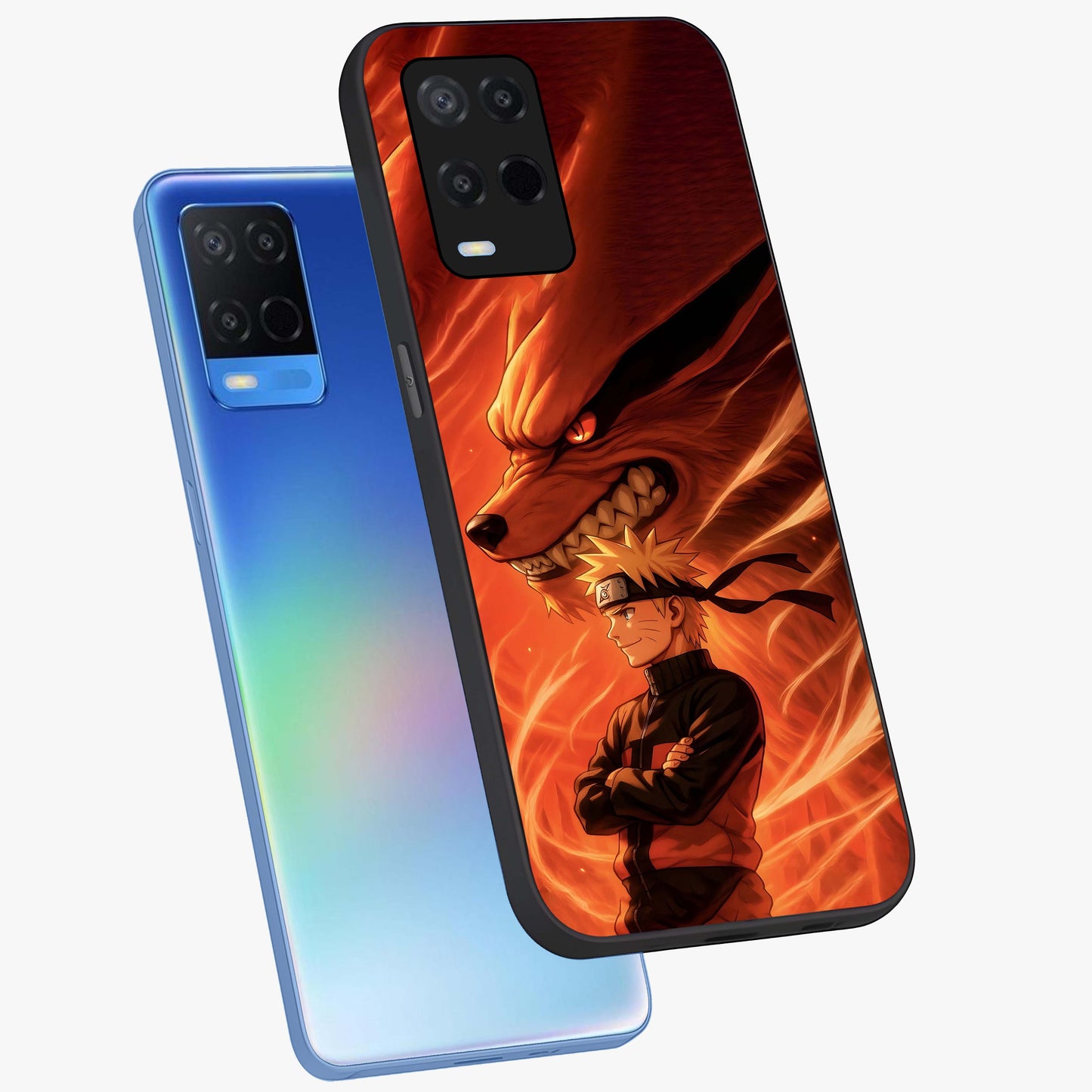 Nine Tails Legacy Glass Case displayed in angled mockup highlighting dynamic anime beast illustration with bold mystical aesthetic.