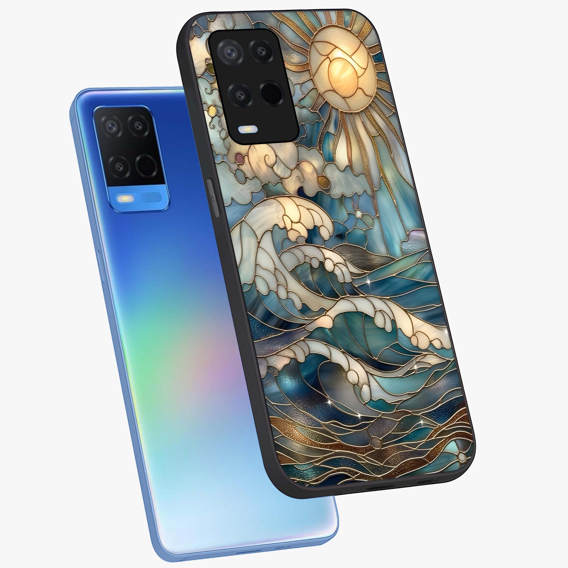 Oceanic Stained Printed Glass Case displayed in angled mockup highlighting colorful aquatic design with artistic aesthetic style.