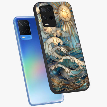 Oceanic Stained Printed Glass Case displayed in angled mockup highlighting colorful aquatic design with artistic aesthetic style.