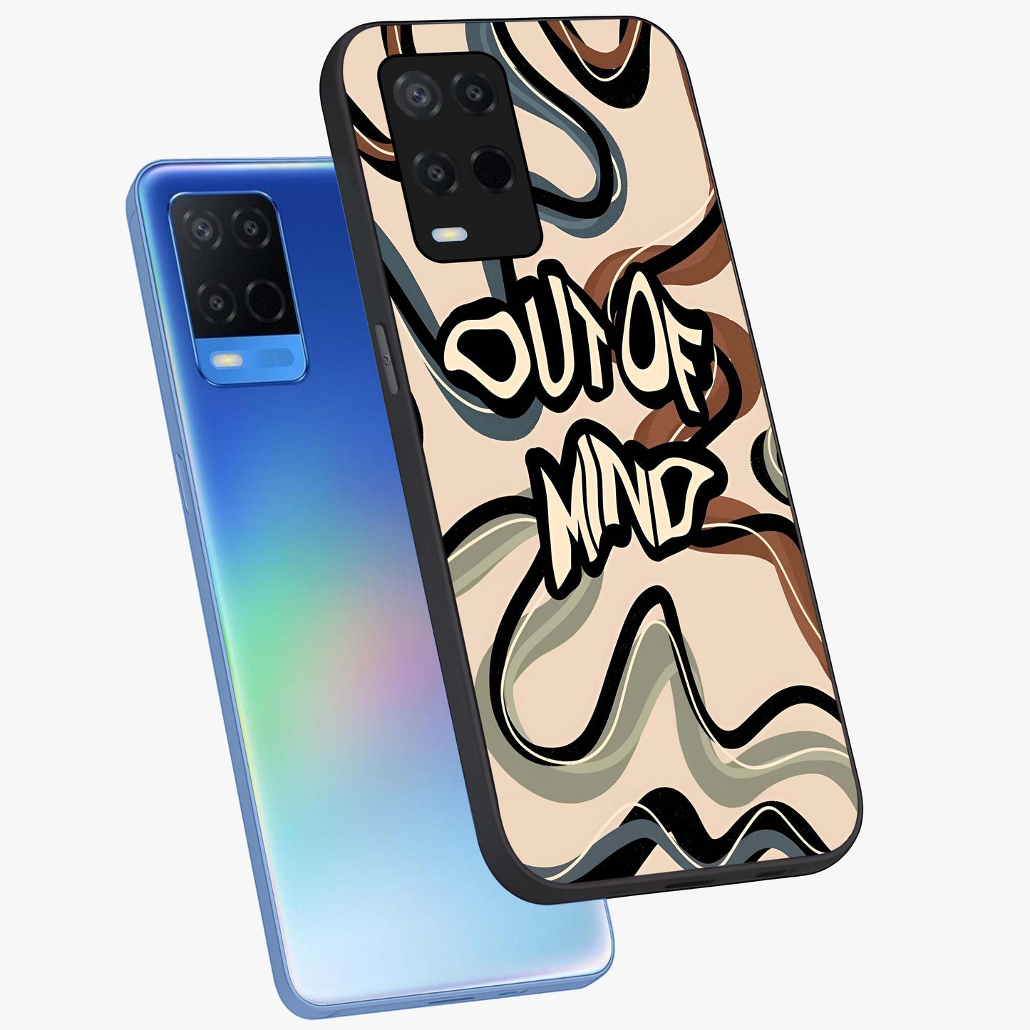 Out Of Mind Glass Case displayed in angled mockup highlighting bold statement design with modern artistic aesthetic.