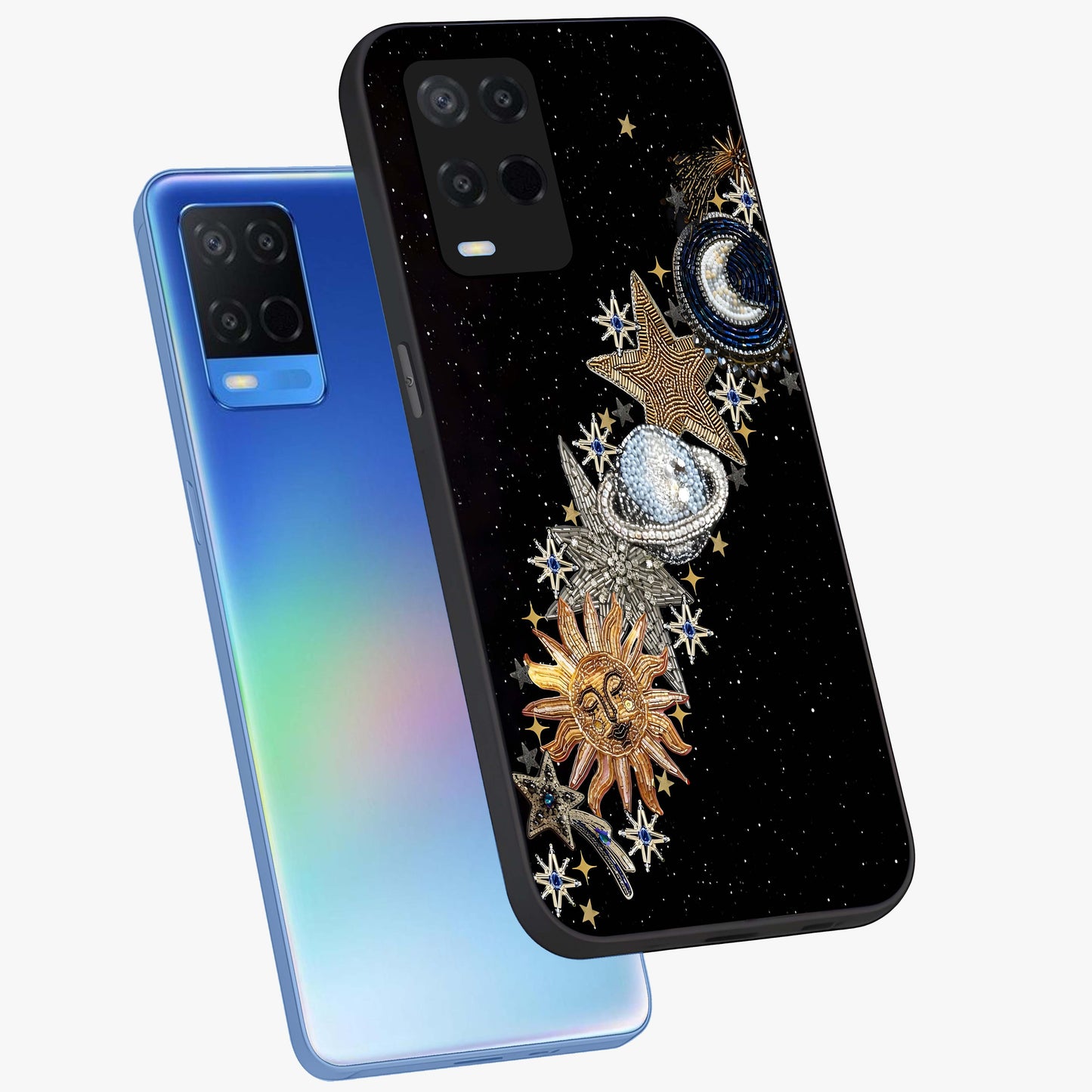 Pearls Universe Object Glass Case displayed in angled mockup highlighting celestial pearl design with dreamy aesthetic.