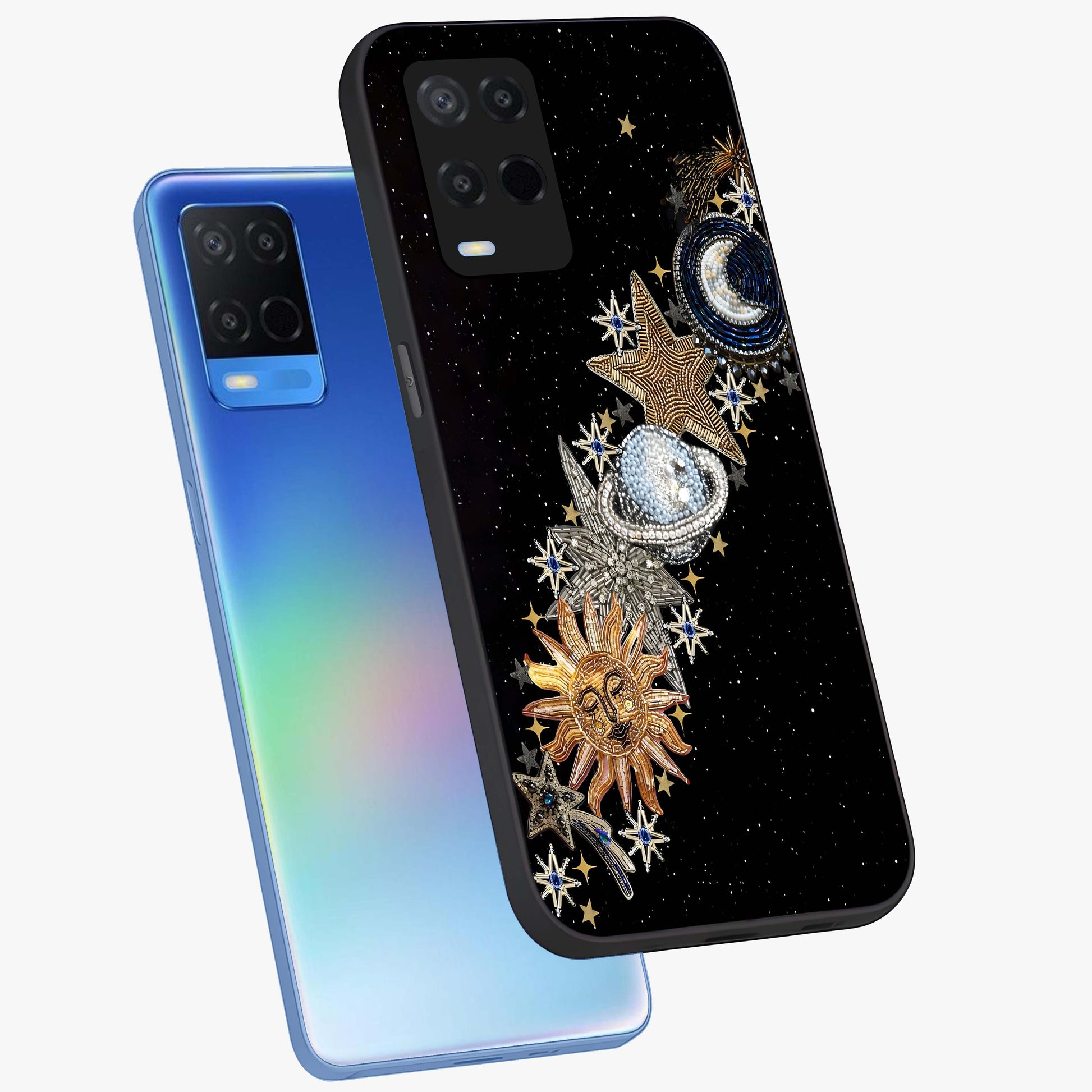 Pearls Universe Object Glass Case displayed in angled mockup highlighting celestial pearl design with dreamy aesthetic.