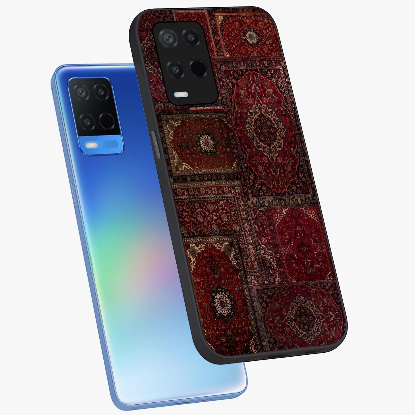 Persian Velvet Tale Glass Case displayed in angled mockup highlighting ornate textile inspired design with royal aesthetic.