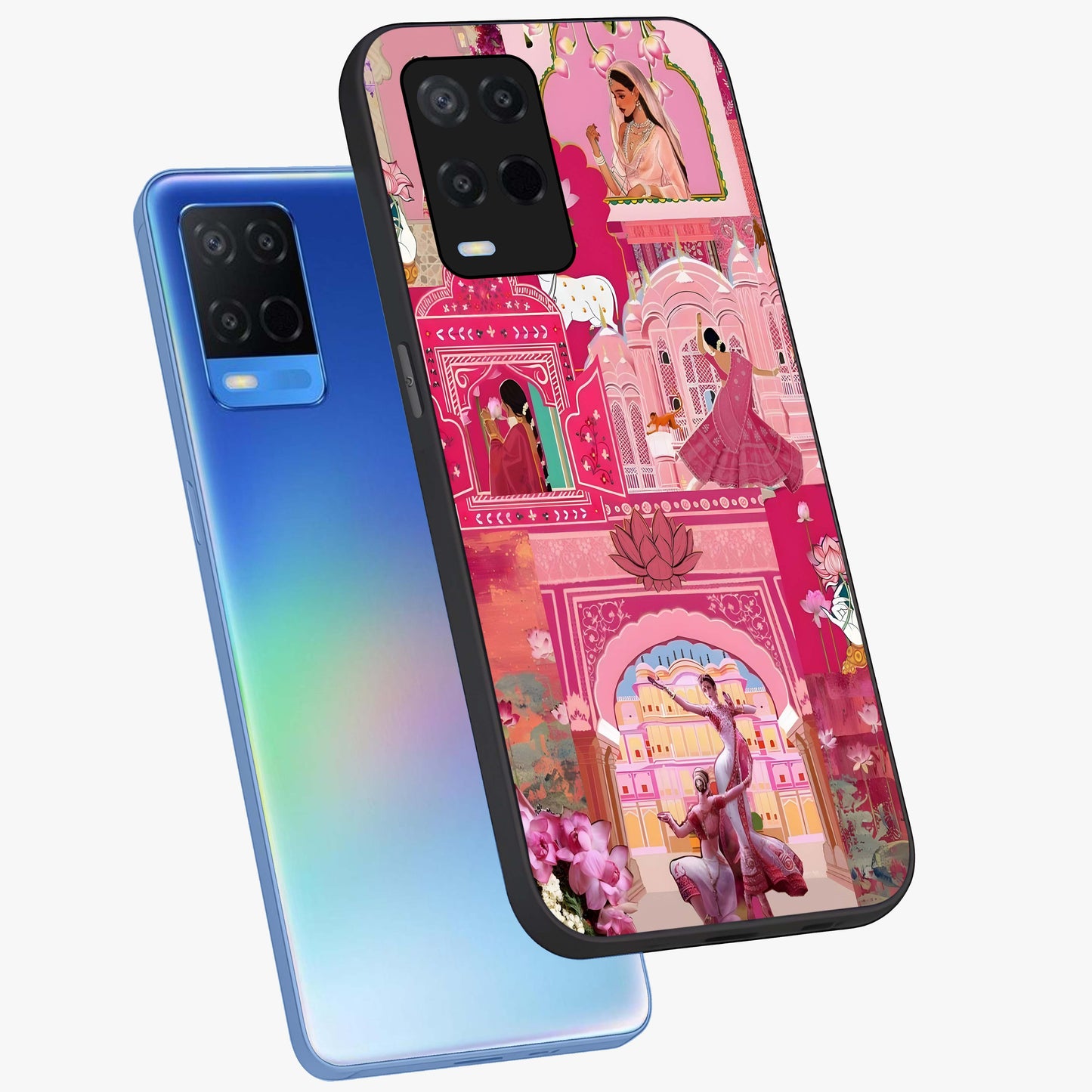Pink Palace Muse Glass Case displayed in angled mockup highlighting dreamy palace illustration with soft pink aesthetic.