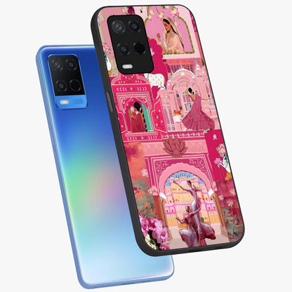 Pink Palace Muse Glass Case displayed in angled mockup highlighting dreamy palace illustration with soft pink aesthetic.
