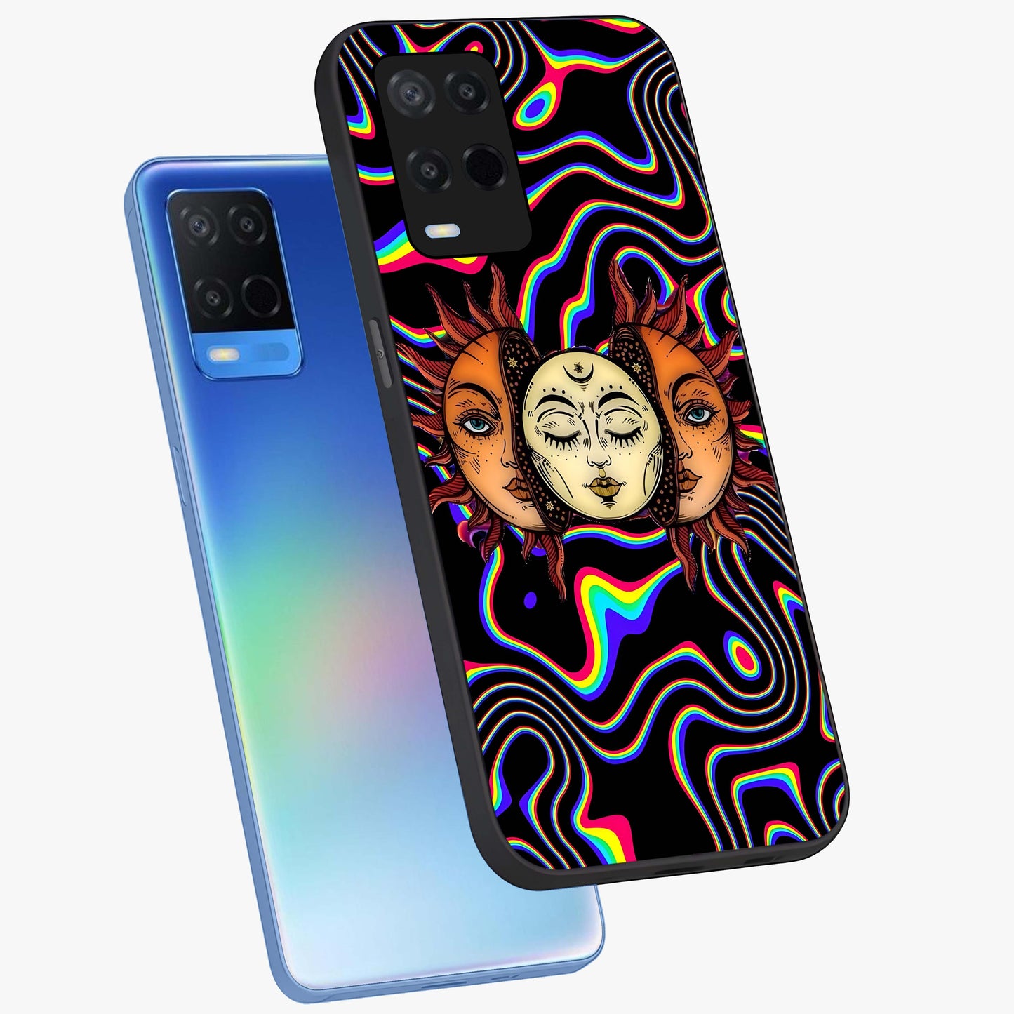 Psychedelic Sun Glass Case displayed in angled mockup highlighting vibrant abstract sun design with artistic aesthetic style.