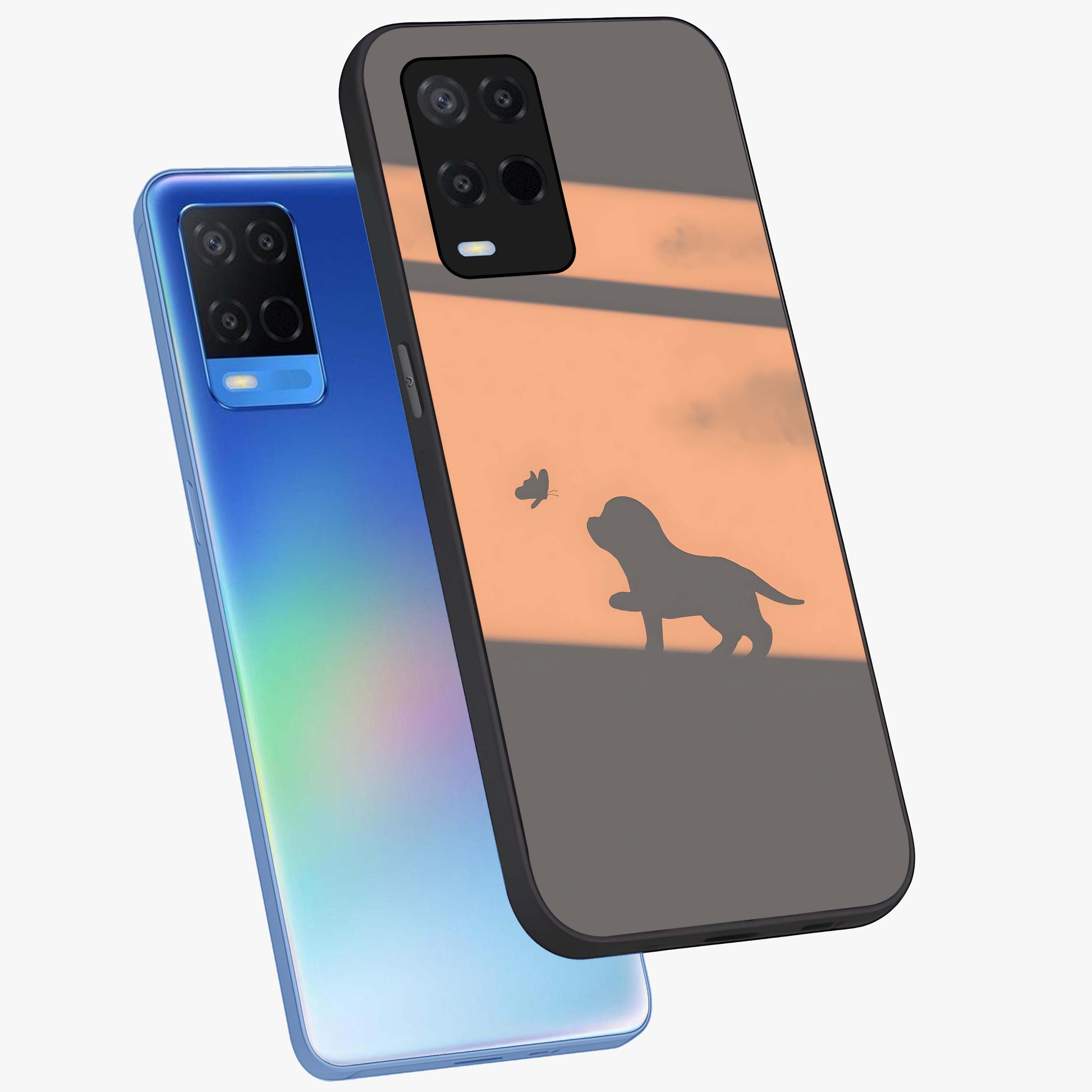 Puppy Shadow Art Glass Case displayed in angled mockup highlighting playful dog illustration with artistic shadow aesthetic.