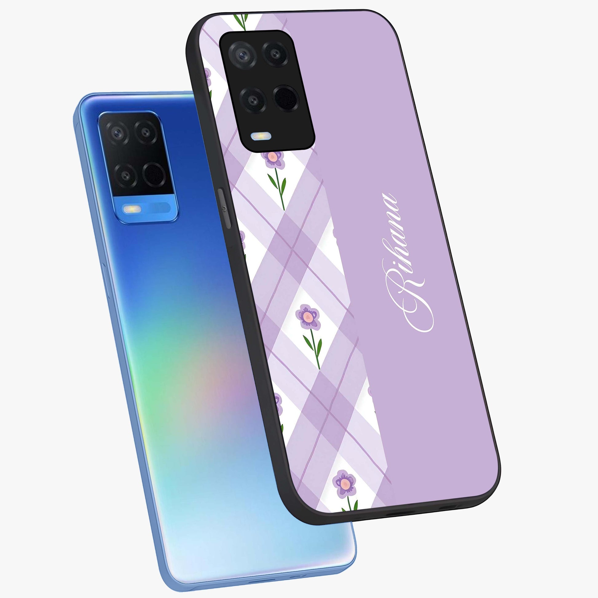 Purple Diamond Floral Glass Case displayed in angled mockup highlighting elegant purple flower design with decorative pattern.