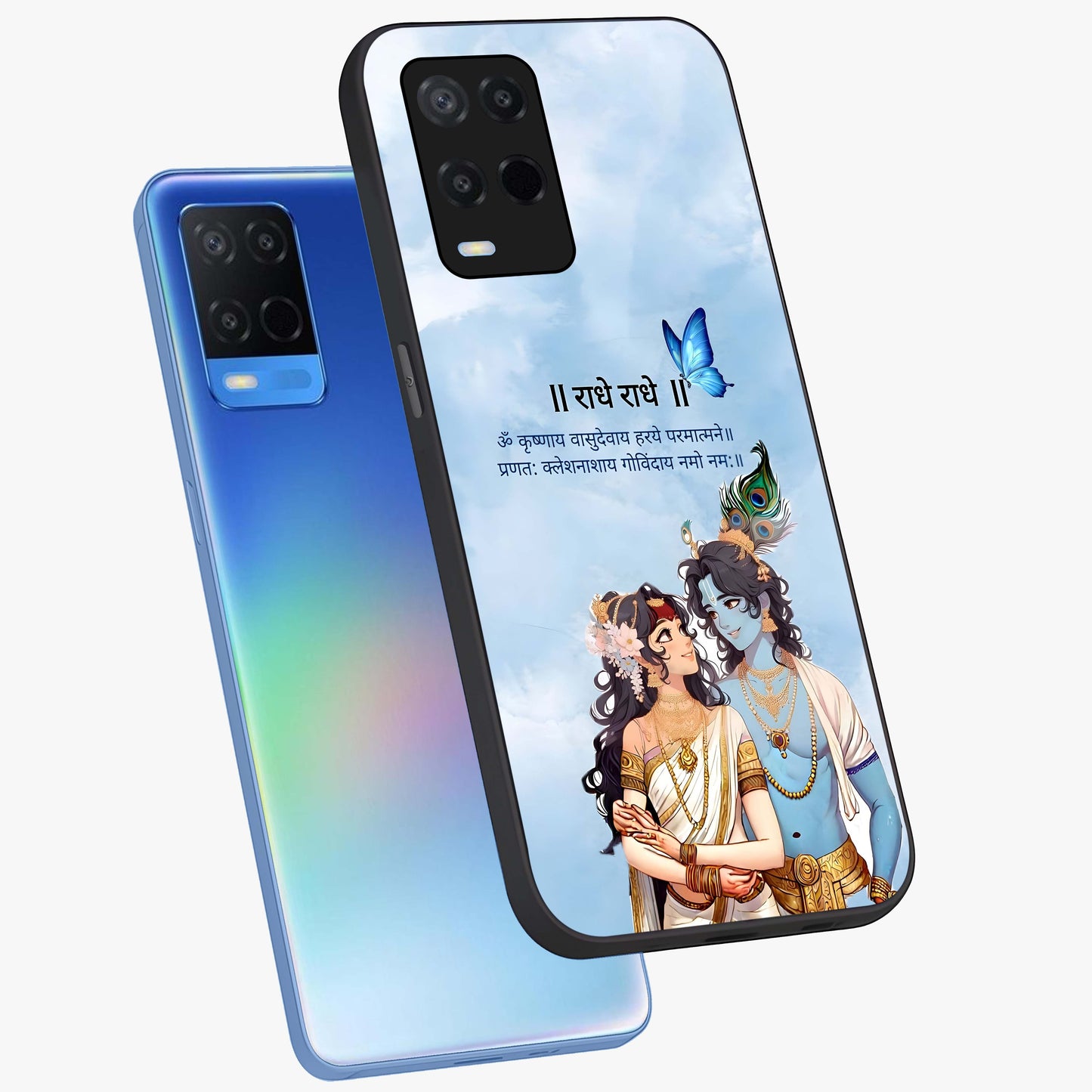 Radha Krishna Eternal Glass Case displayed in angled mockup highlighting divine Radha Krishna illustration with spiritual aesthetic.