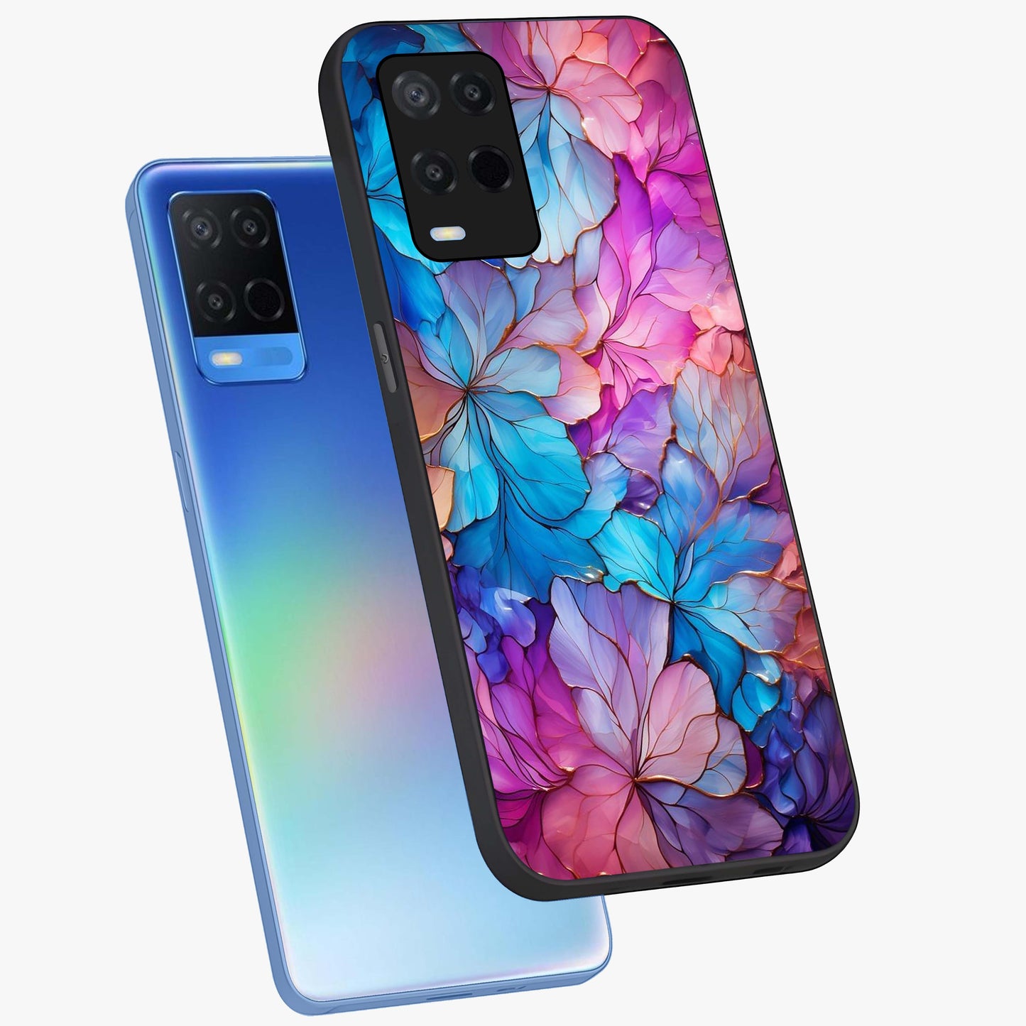 Radiant Floral Whirl Glass Case displayed in angled mockup highlighting vibrant flower pattern with dynamic artistic aesthetic.