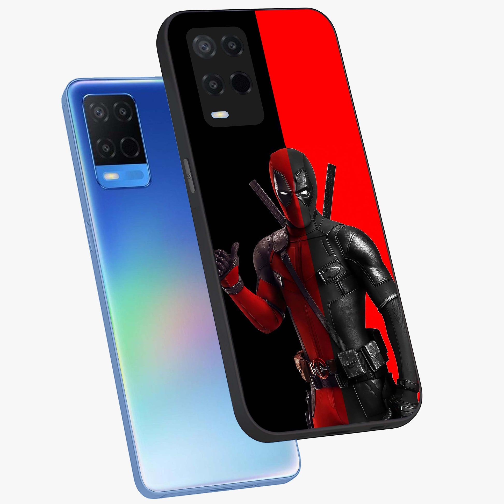 Red & Black Deadpool Theme Glass Case displayed in angled mockup highlighting vibrant superhero style illustration with action aesthetic.