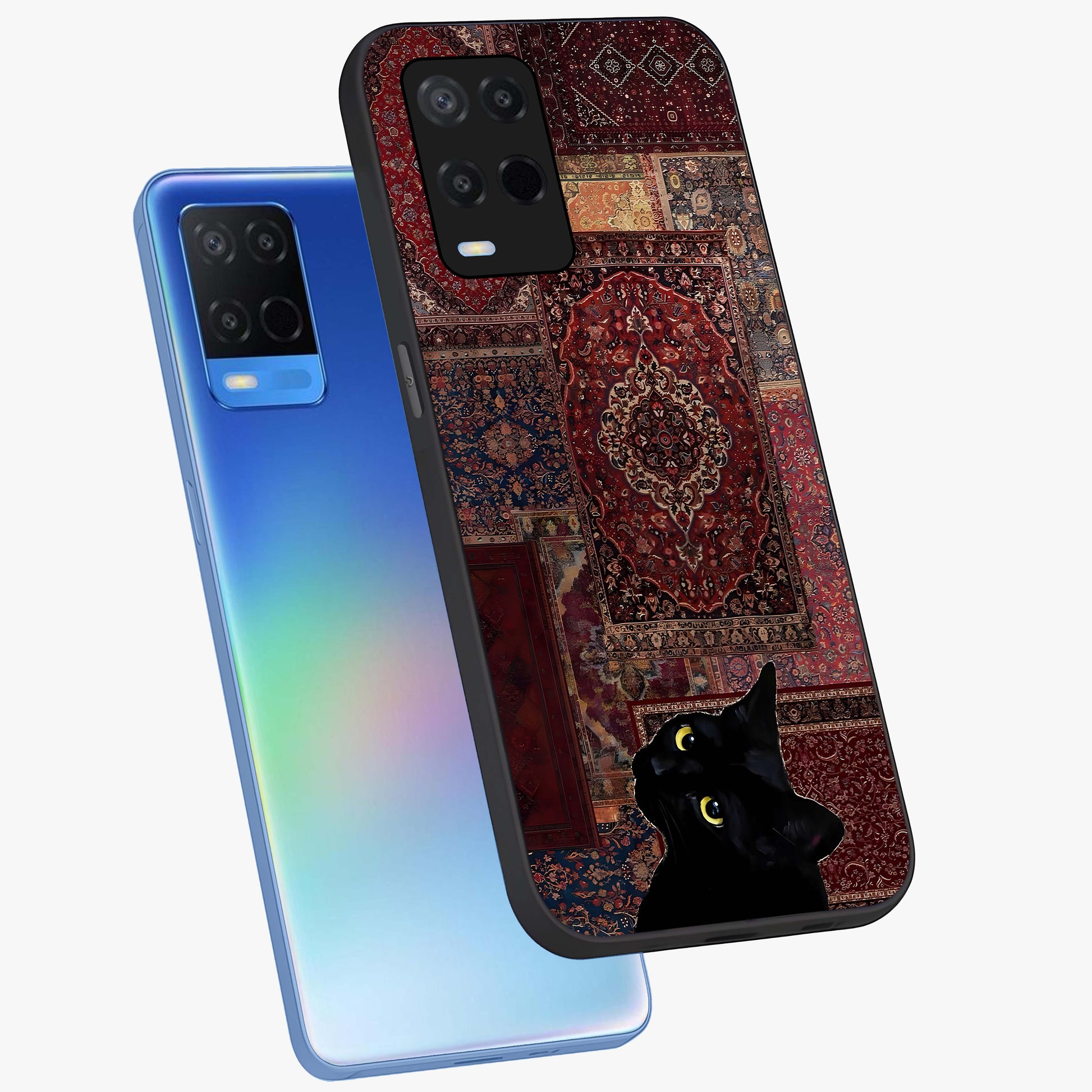 Regal Magic Cat Apple Glass Case displayed in angled mockup highlighting whimsical feline design with fantasy aesthetic.