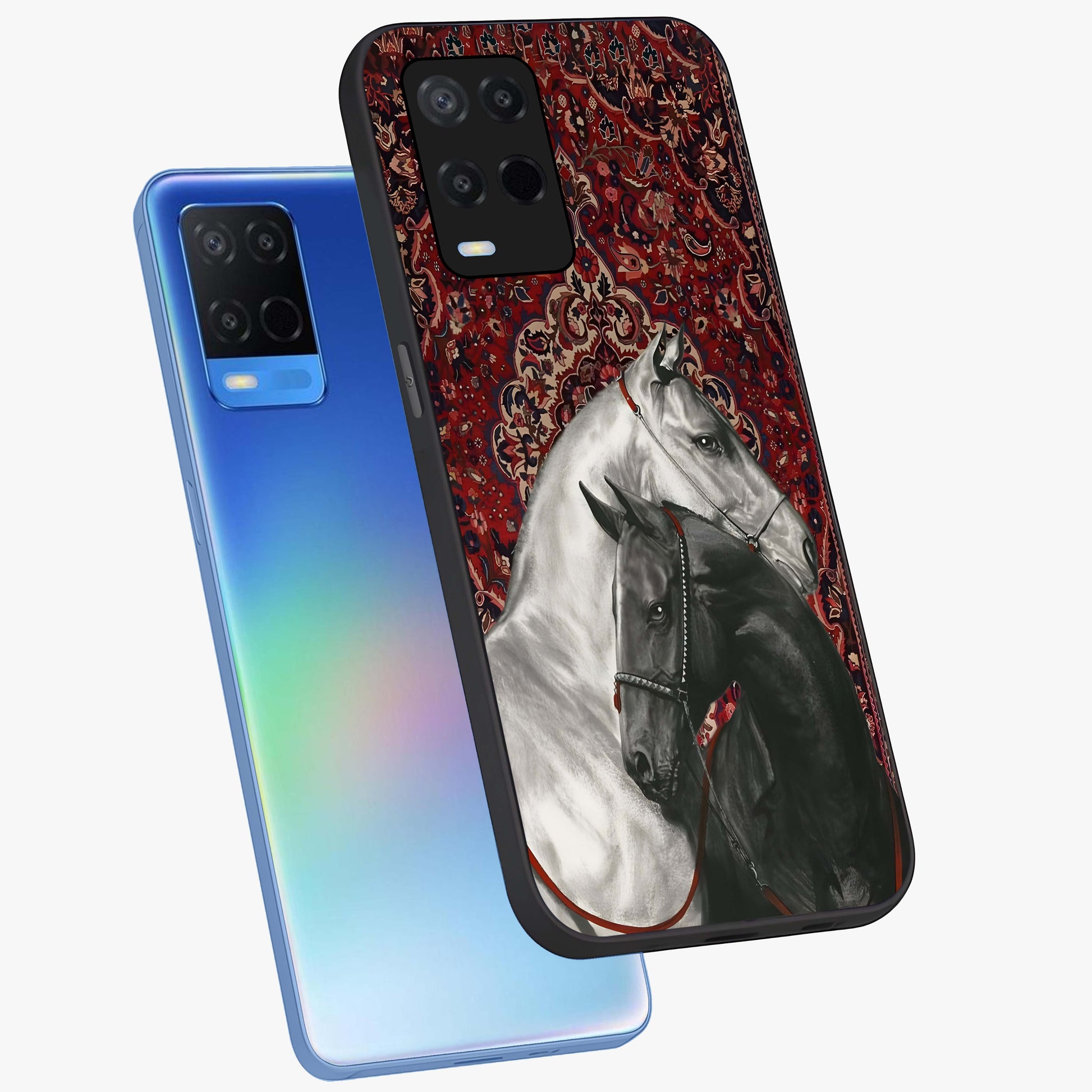 Regal Stallion Tapestry Glass Case displayed in angled mockup highlighting royal stallion design with decorative heritage aesthetic.