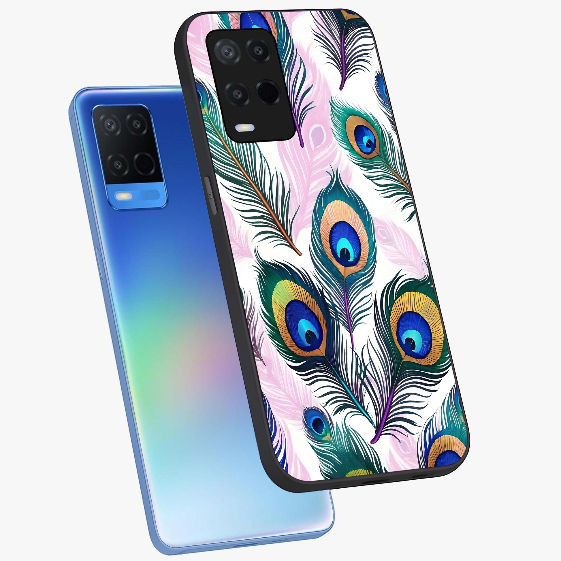 Royal Peacock Feathers Glass Case displayed in angled mockup highlighting vibrant feather pattern with regal aesthetic style.