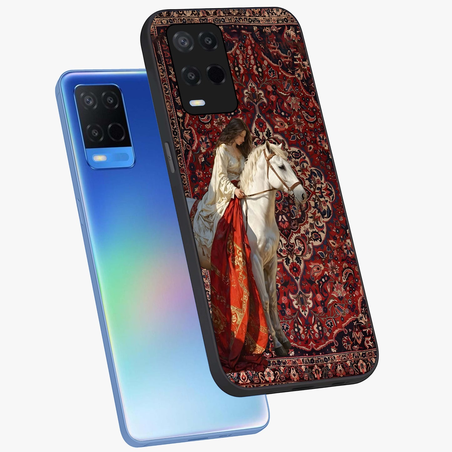 Royal Rider Tapestry Glass Case displayed in angled mockup highlighting traditional tapestry design with royal heritage aesthetic.
