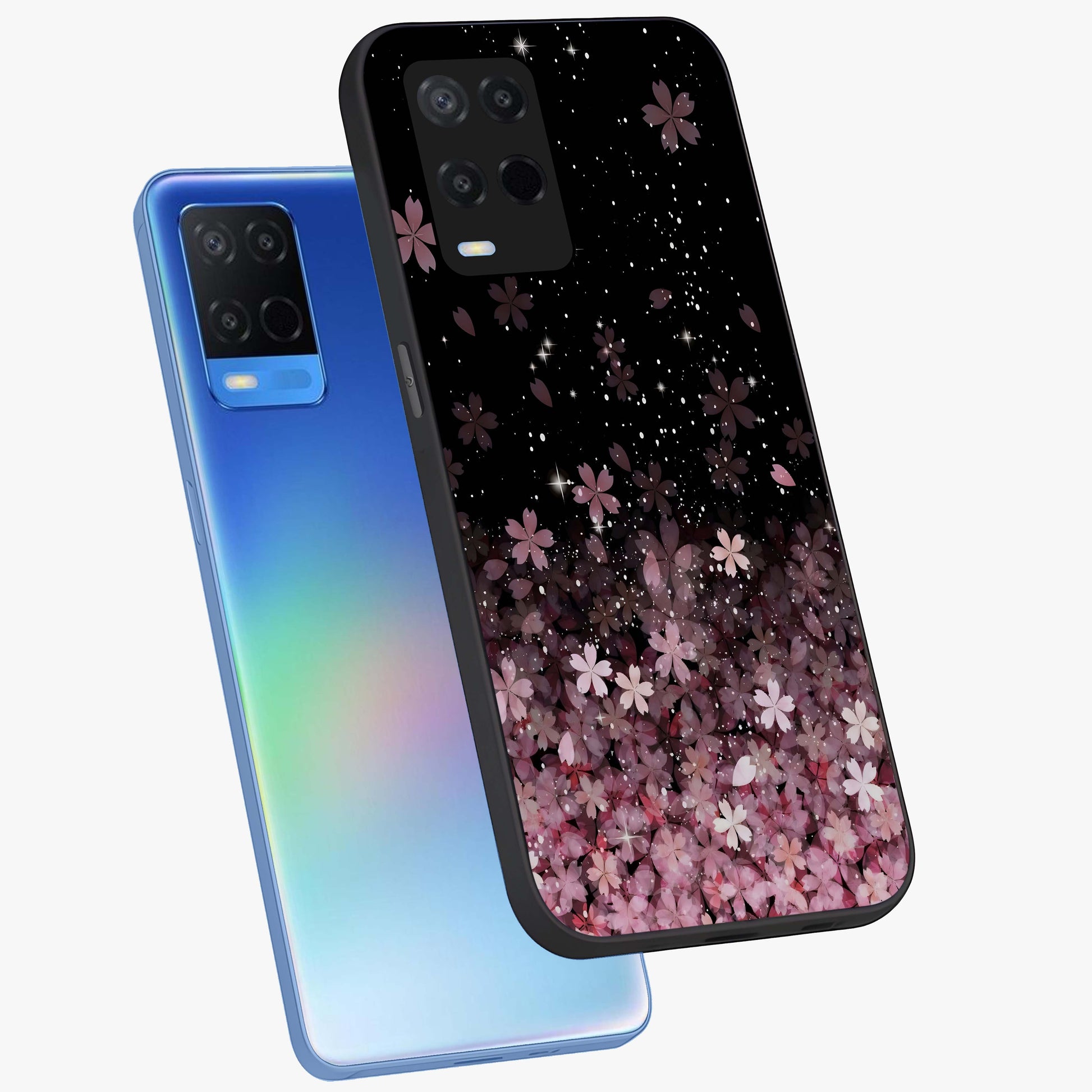 Small Starry Flowers Glass Case displayed in angled mockup highlighting tiny flower pattern with celestial aesthetic style.