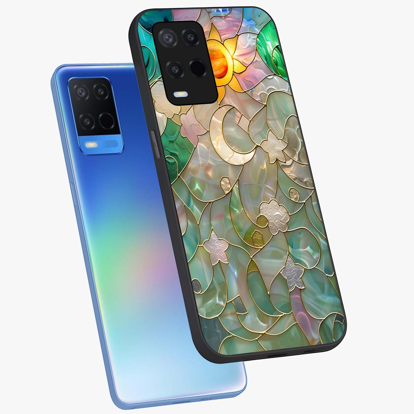 Stained Sunrise Glow Glass Case displayed in angled mockup highlighting radiant sunrise design with artistic aesthetic style.