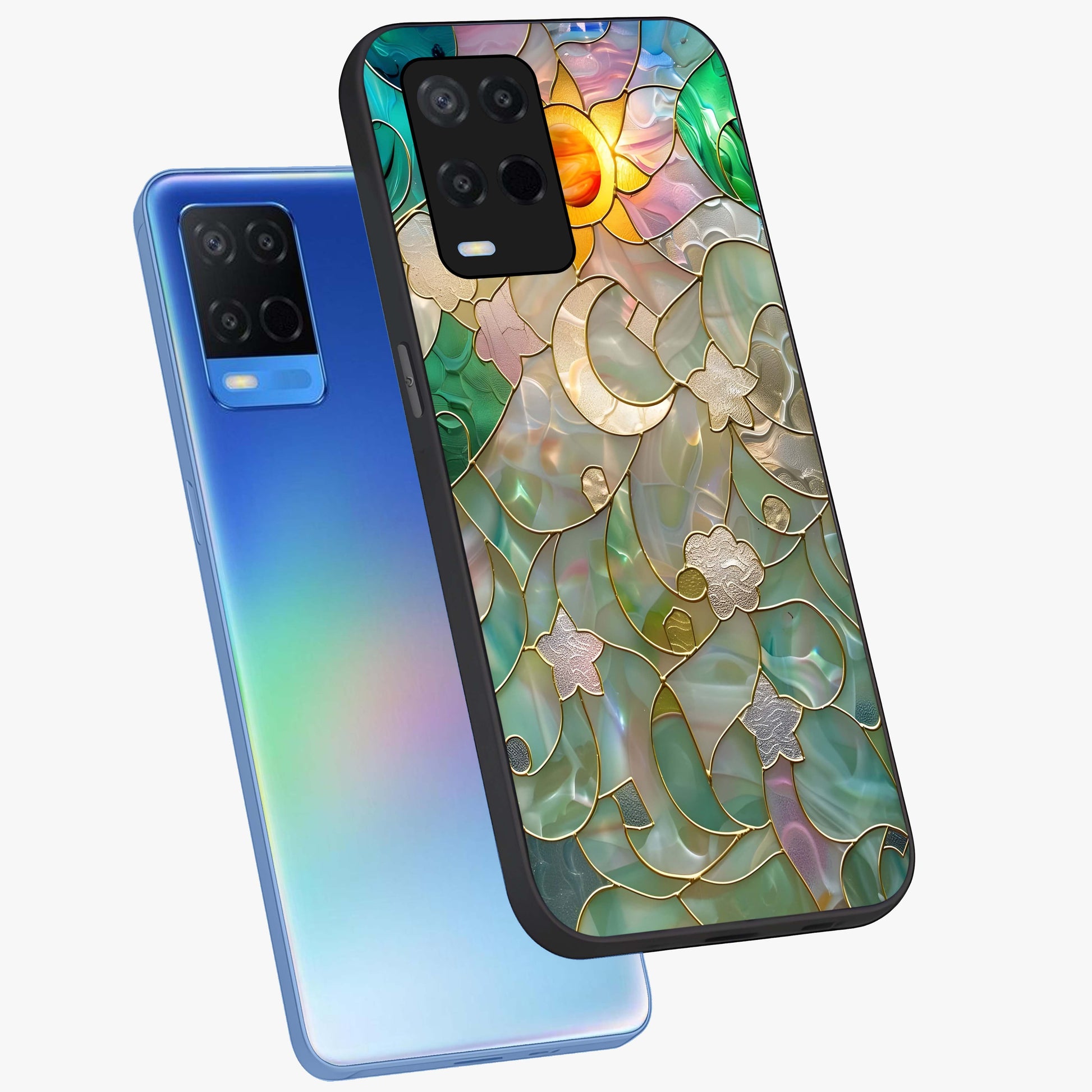 Stained Sunrise Glow Glass Case displayed in angled mockup highlighting radiant sunrise design with artistic aesthetic style.