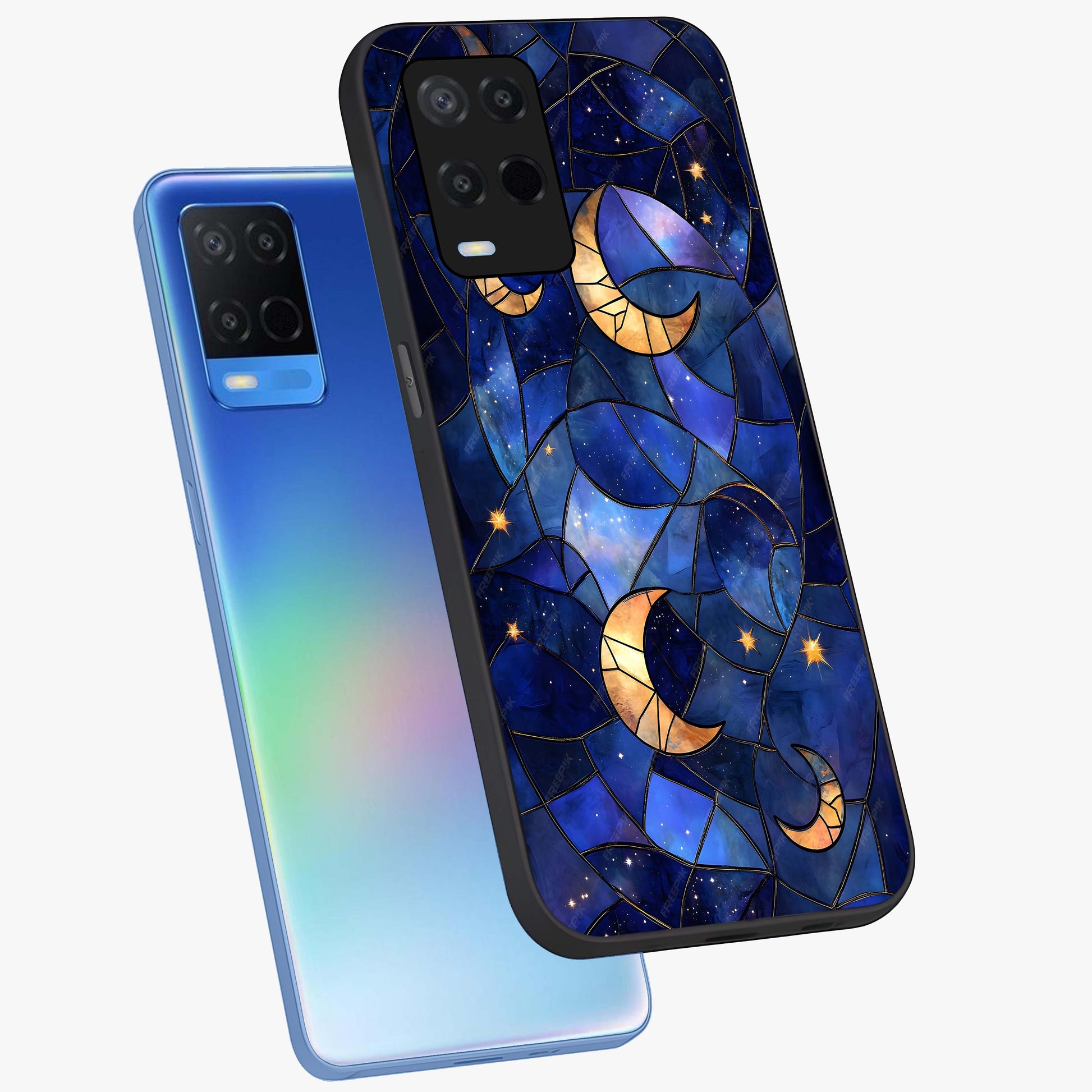Starlit Sky Tapestry Glass Case displayed in angled mockup highlighting celestial night pattern with artistic aesthetic style.