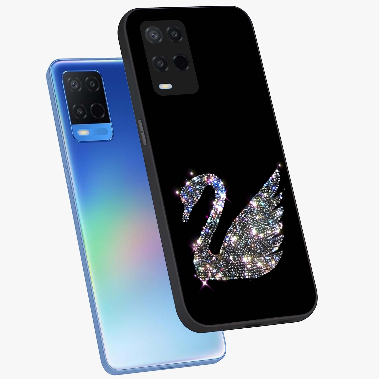Starlit Swan Grace Glass Case displayed in angled mockup highlighting elegant swan illustration with dreamy celestial aesthetic.