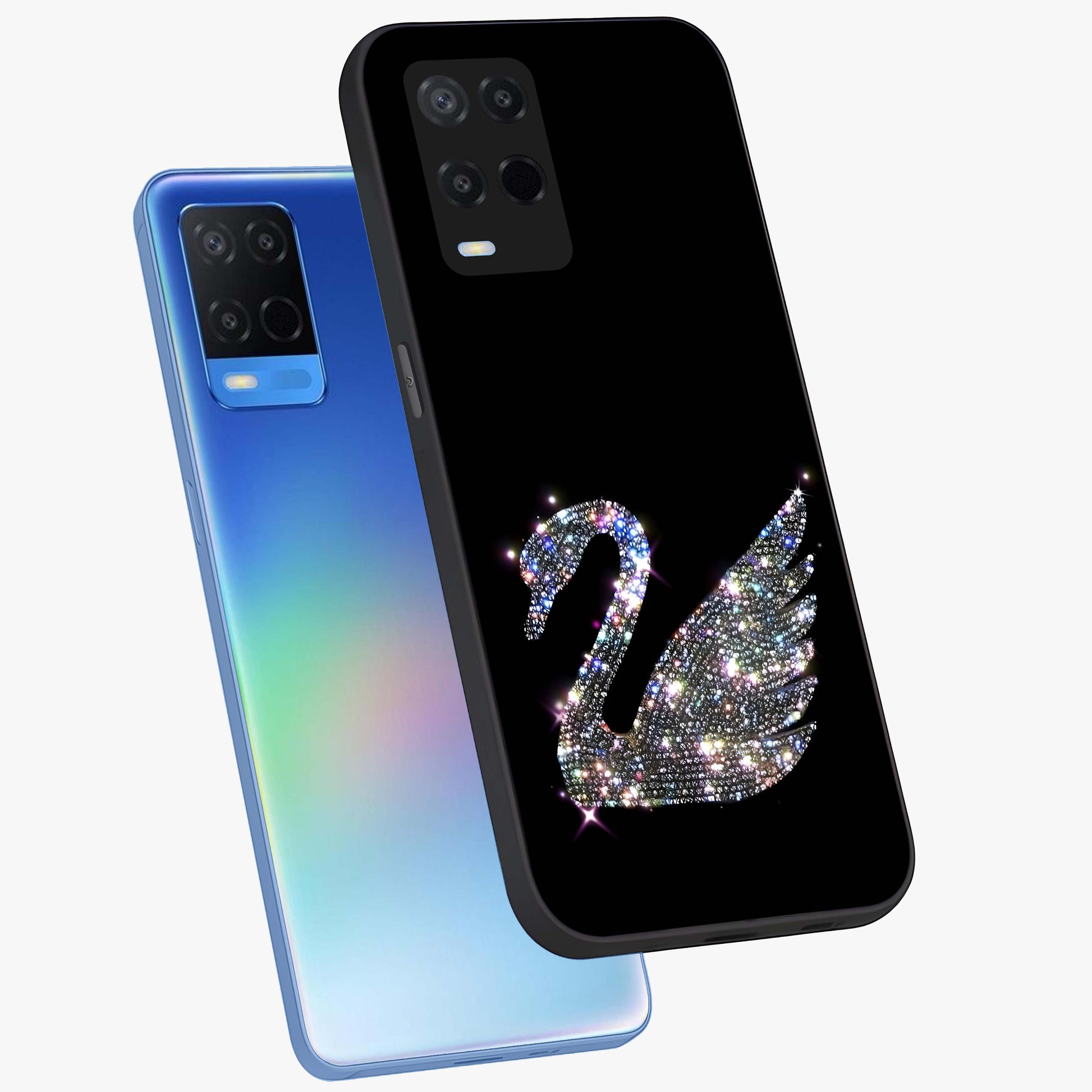 Starlit Swan Grace Glass Case displayed in angled mockup highlighting elegant swan illustration with dreamy celestial aesthetic.