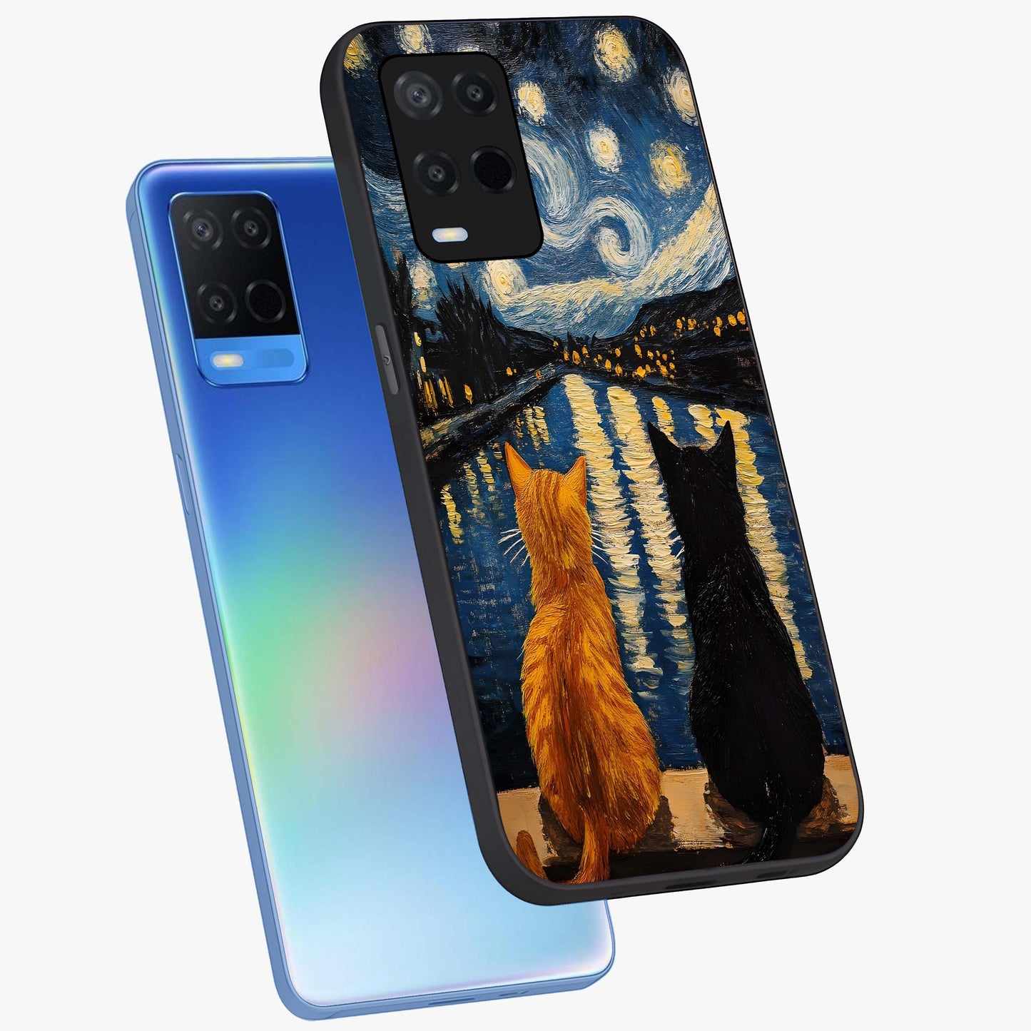 Starry River Cats Glass Case displayed in angled mockup highlighting charming feline illustration with dreamy night aesthetic.